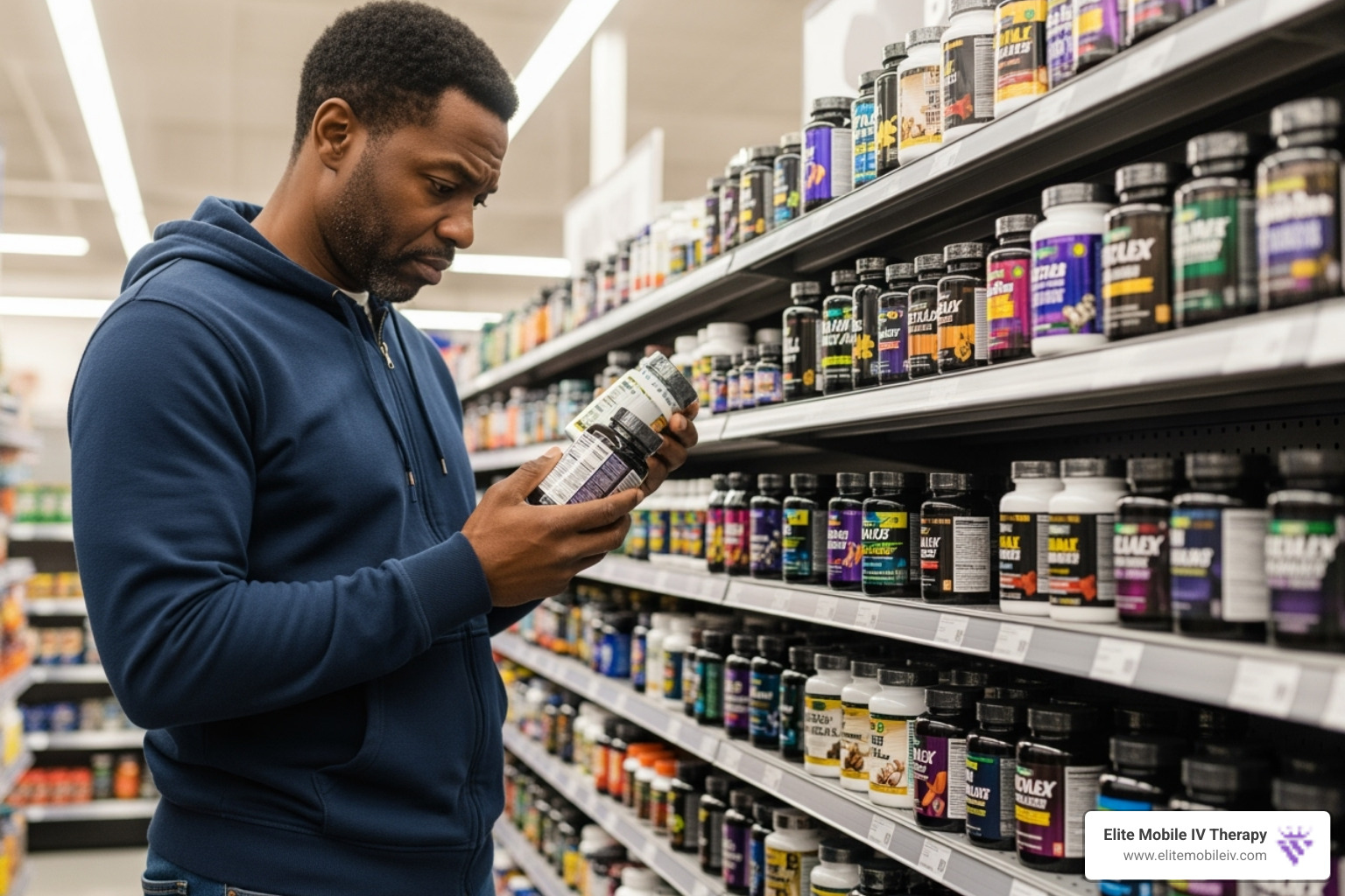 person looking at supplement labels with a confused expression - immune booster infusion