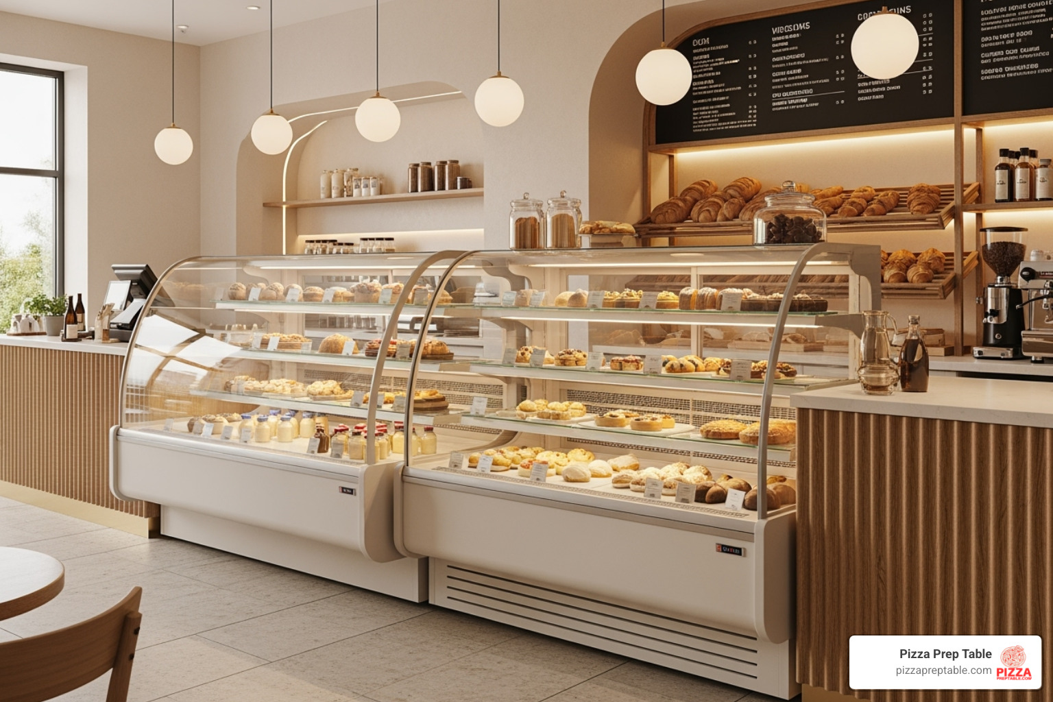 Comparison of curved glass case and straight glass case side by side - refrigerated bakery case