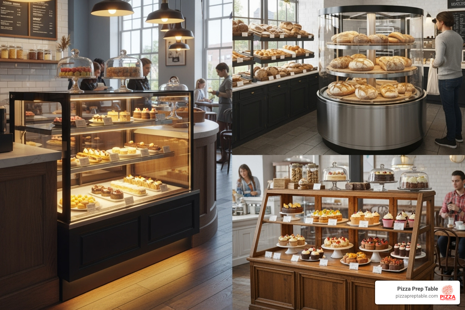 Different styles of bakery cases in a cafe setting - refrigerated bakery case