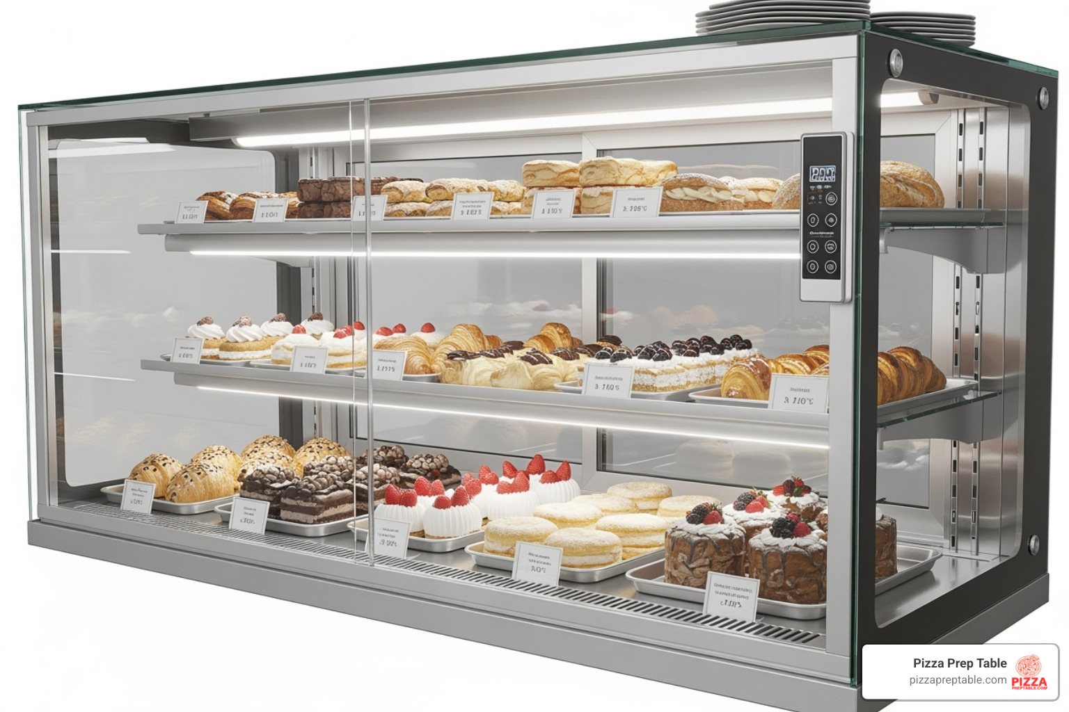 Modern bakery case highlighting LED lighting and digital controls - refrigerated bakery case
