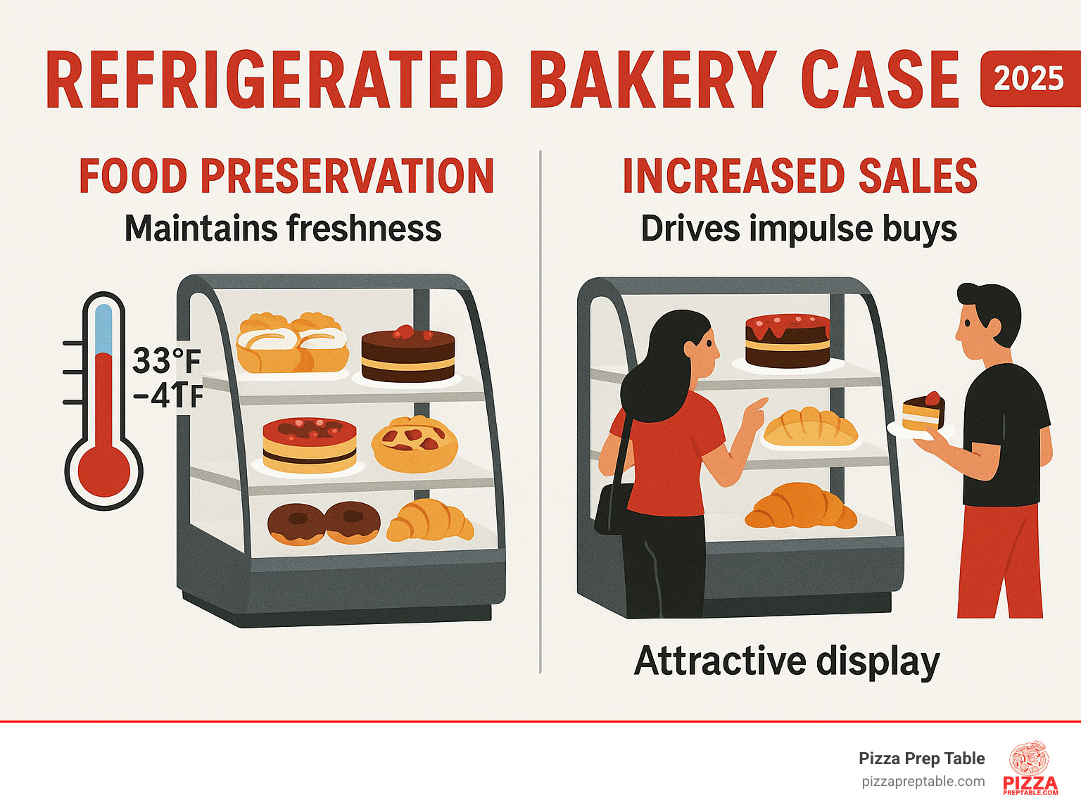 Infographic showing the dual benefits of refrigerated bakery cases: left side depicts food preservation with temperature gauges and fresh products, right side shows increased sales with customers making impulse purchases at attractive displays - refrigerated bakery case infographic 