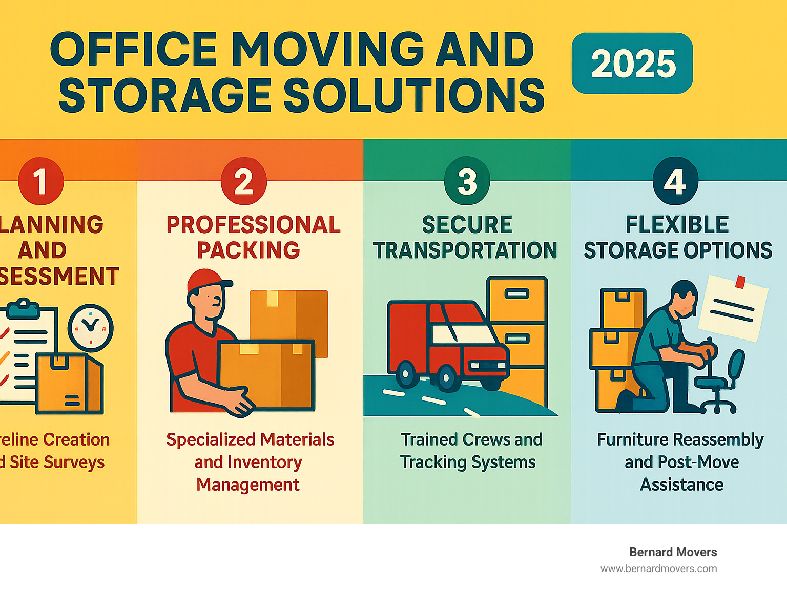 Comprehensive infographic showing the 5 essential phases of successful office moving and storage solutions: Phase 1 Planning and Assessment with timeline creation and site surveys, Phase 2 Professional Packing with specialized materials and inventory management, Phase 3 Secure Transportation with trained crews and tracking systems, Phase 4 Flexible Storage Options including climate-controlled facilities and document management, and Phase 5 Setup and Support with furniture reassembly and post-move assistance - office moving and storage solutions infographic 