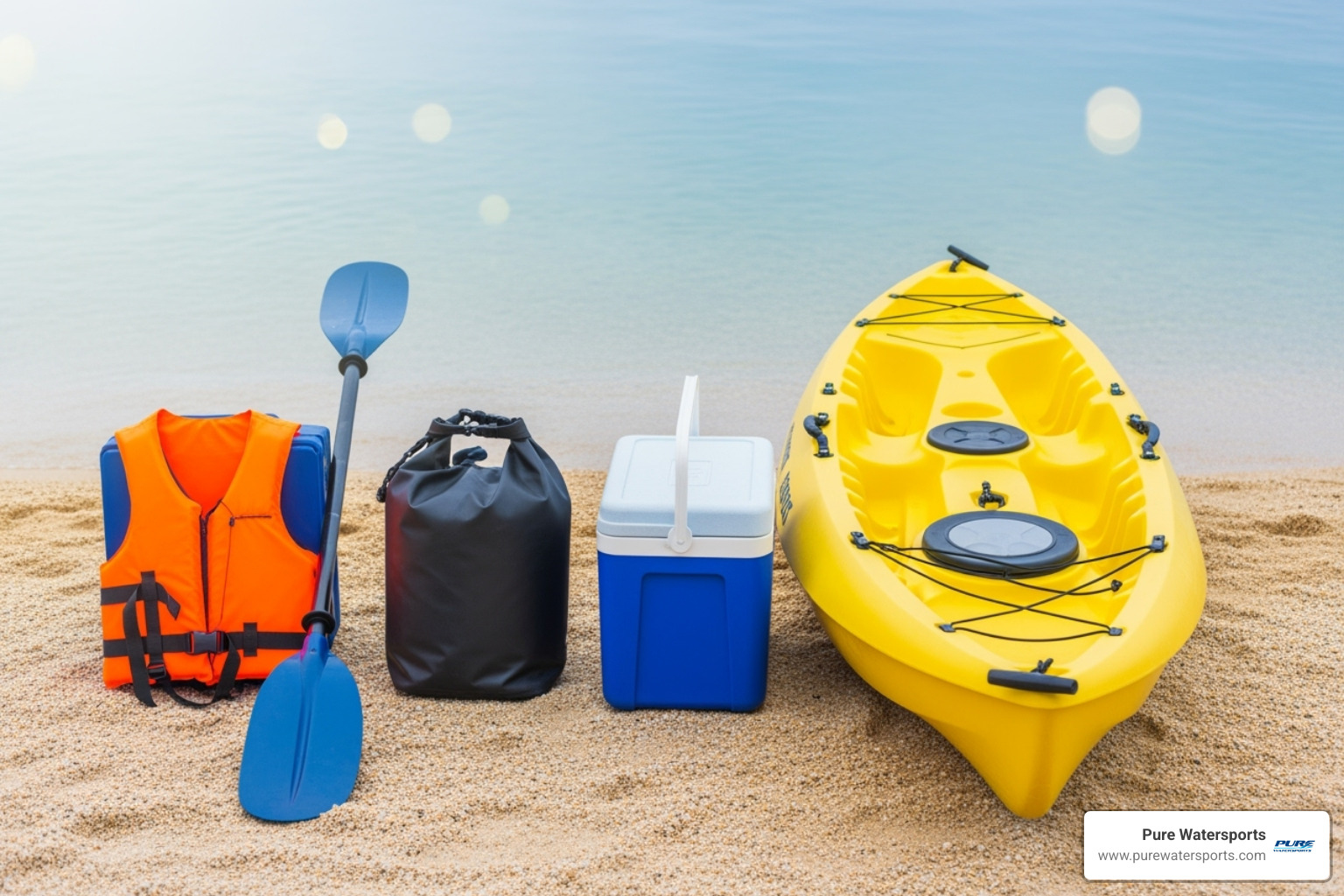 Layout of standard rental gear next to a kayak - fishing kayak for rent