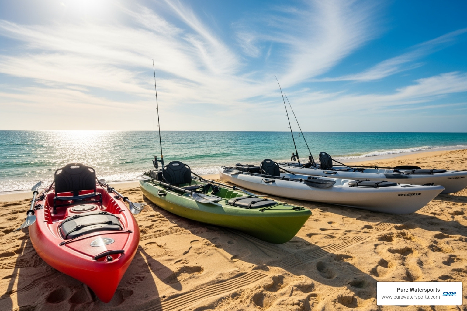 Three different types of fishing kayaks lined up on a beach - fishing kayak for rent