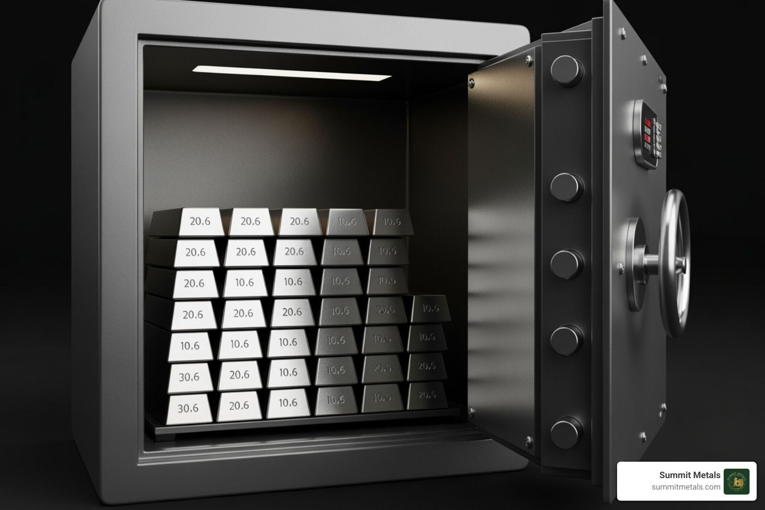 silver bars organized neatly inside a high-security home safe - buy silver bars