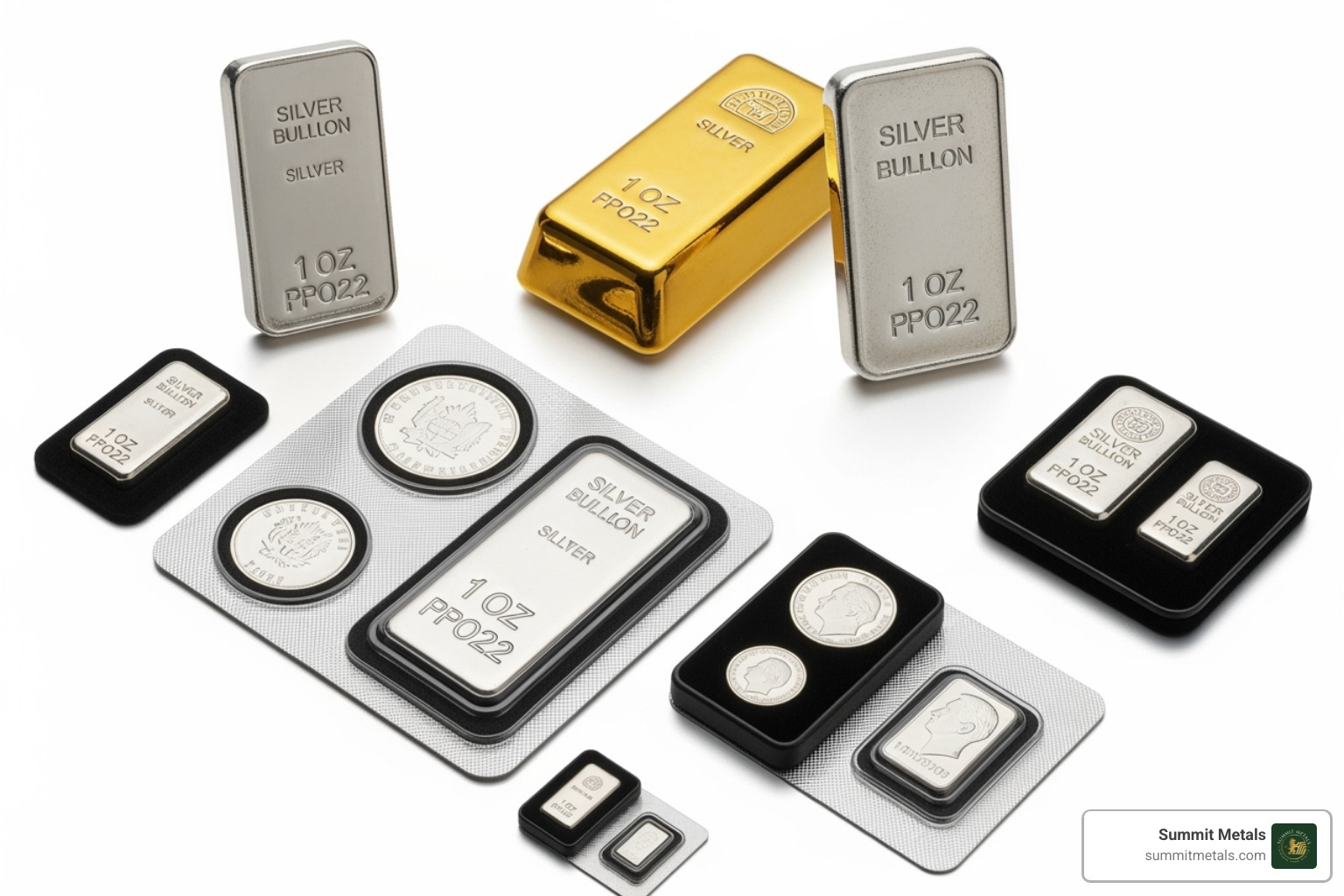 Close-up view of different silver products including a coin, bar, and round showing their distinct characteristics - silver bullion starter packs