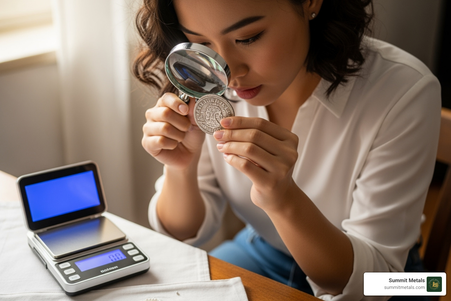 person examining a silver coin with a magnifying glass and a digital scale nearby - constitutional silver