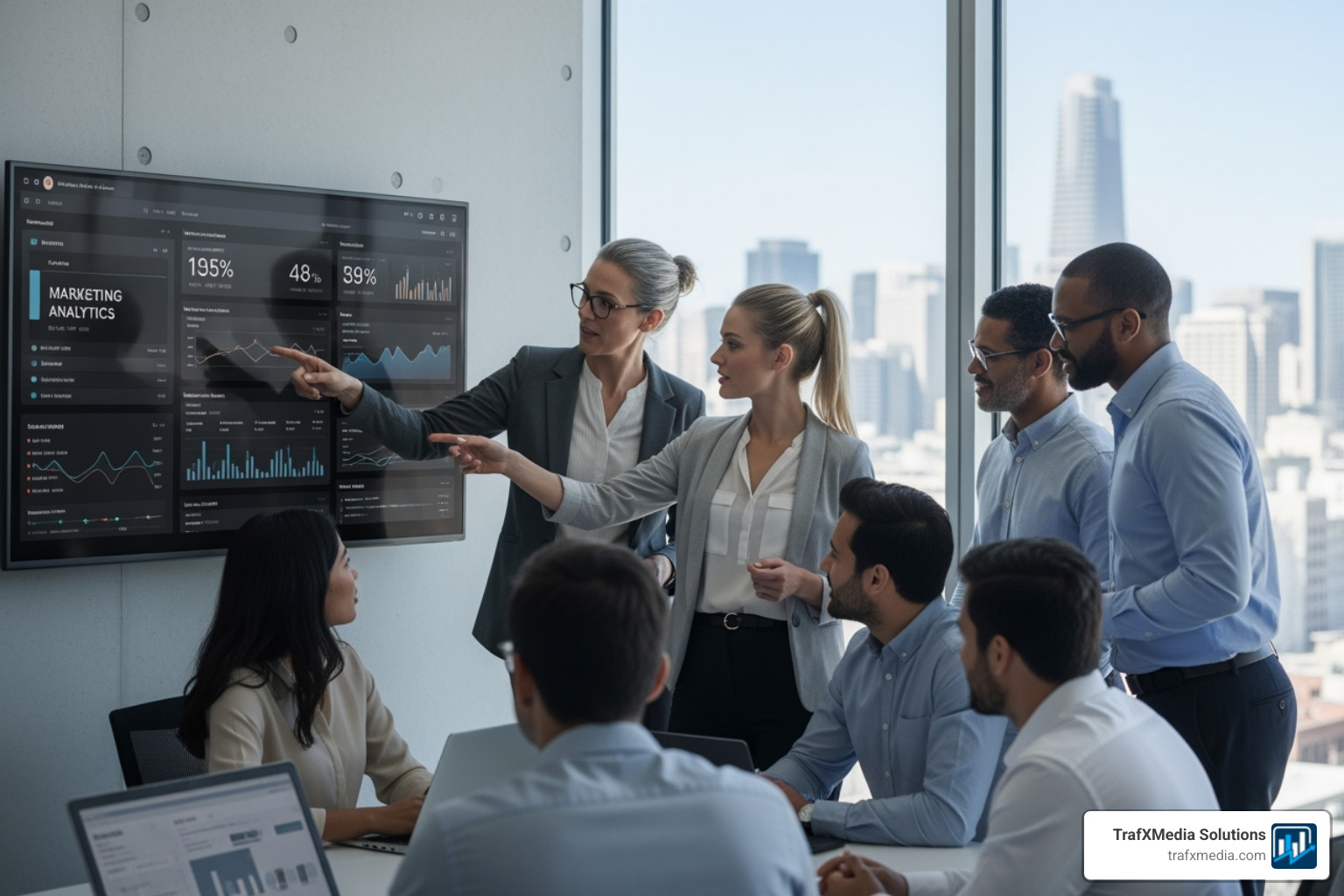 A diverse group of mostly Caucasian and white professionals (with some representation of other backgrounds) in a modern San Francisco office, collaborating around a screen displaying marketing analytics with the city skyline in the background - Online ads San Francisco