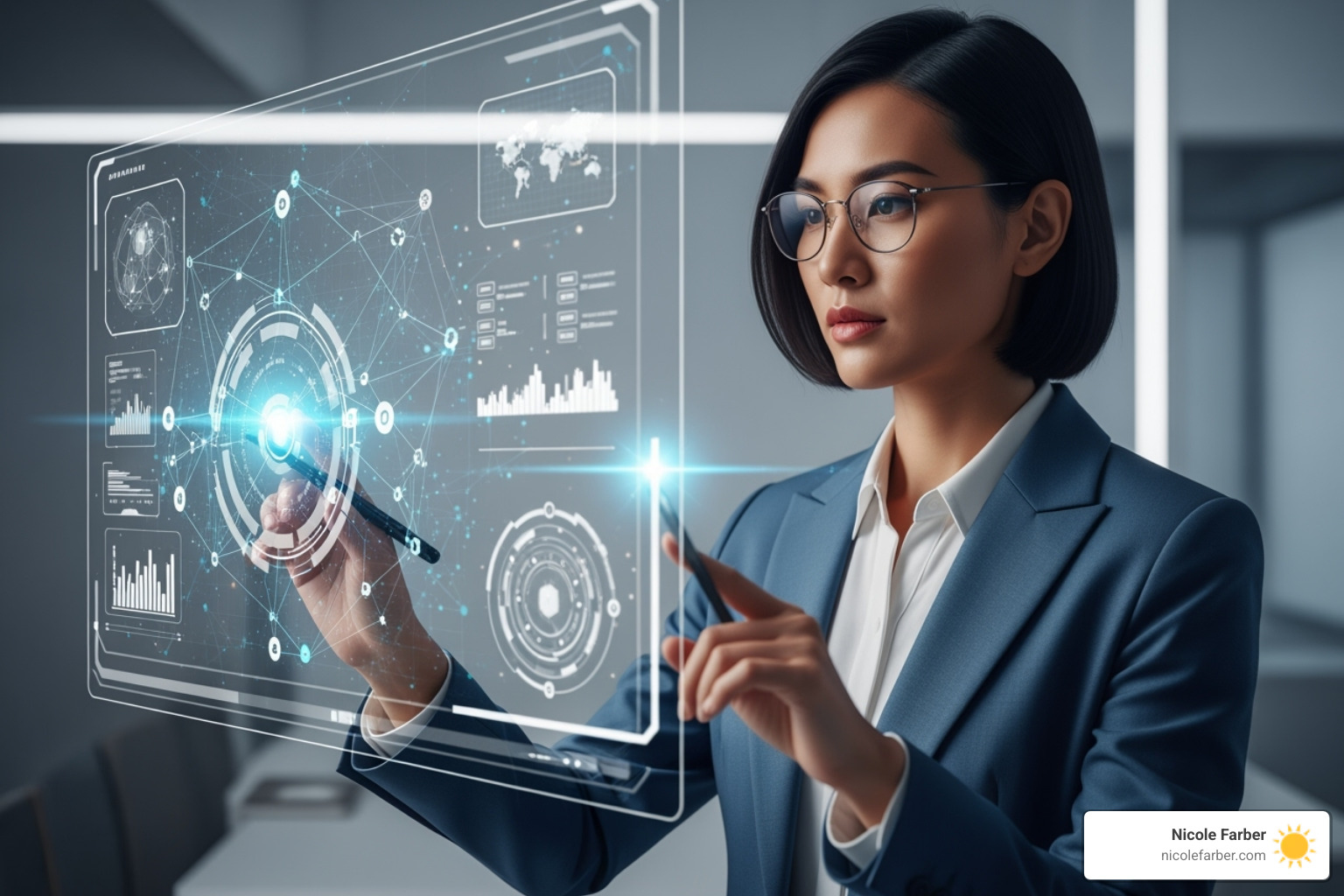 leader navigating a complex digital interface representing modern challenges - business leadership strategies