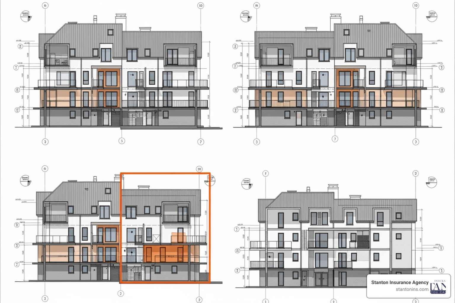 Blueprint showing a single condo unit highlighted within a larger building structure - MA Condo Insurance