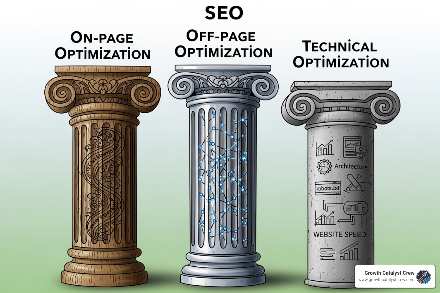 three pillars of SEO: on-page, off-page, and technical optimization - how much does seo cost for a small business