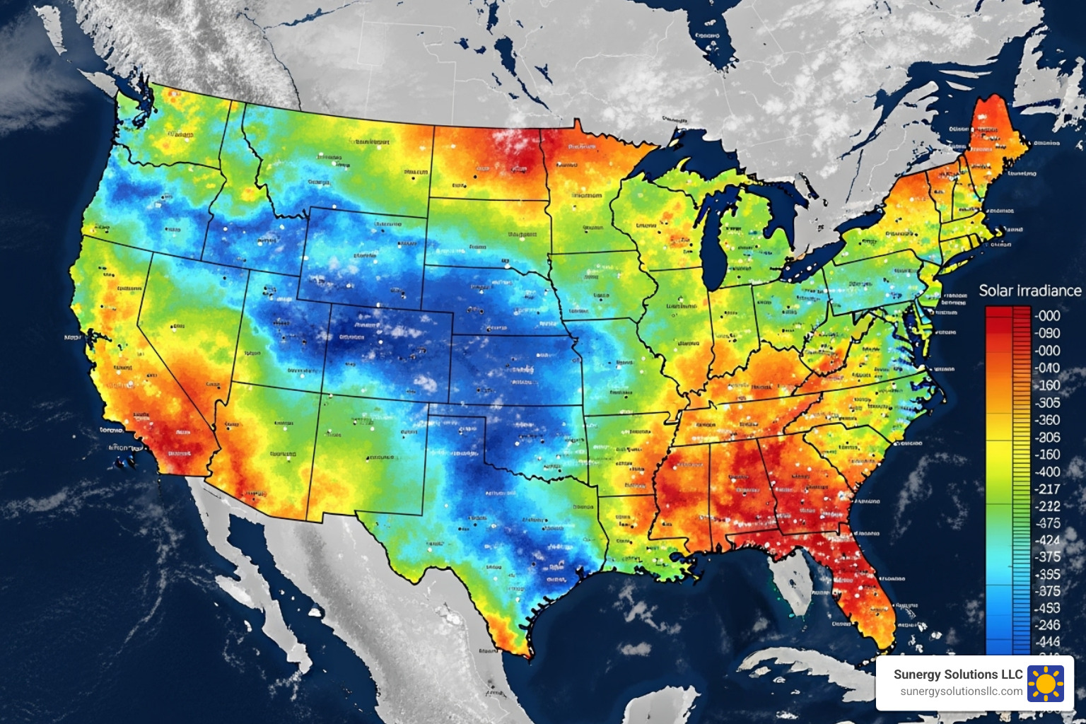 map of United States showing solar irradiance levels - solar return on investment