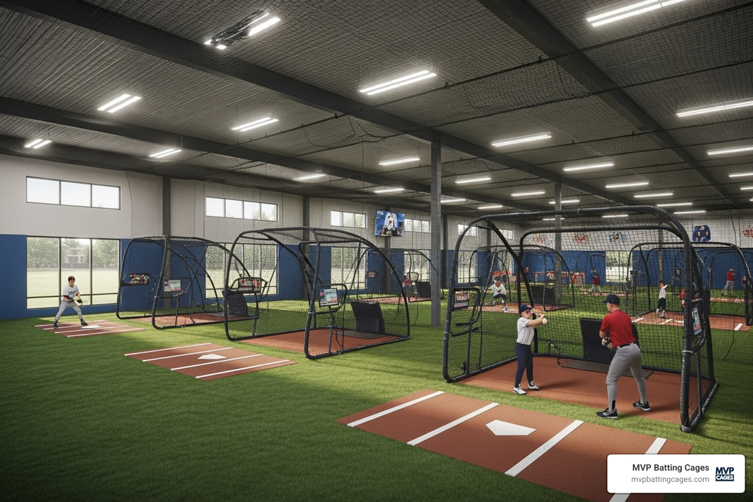 Modern indoor batting cage facility with multiple tunnels - closest batting cages