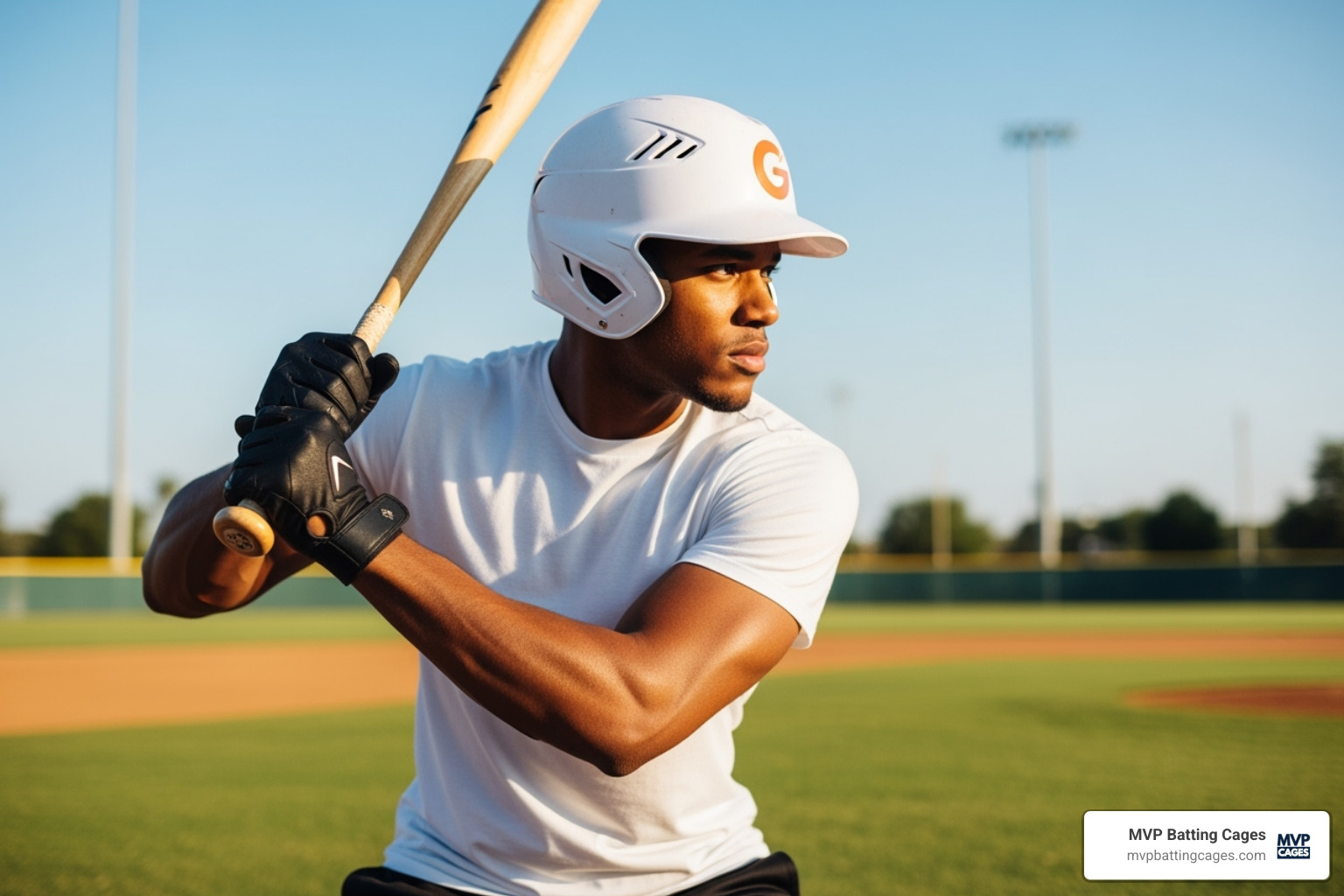 Person wearing a helmet and batting gloves, holding a bat - closest batting cages