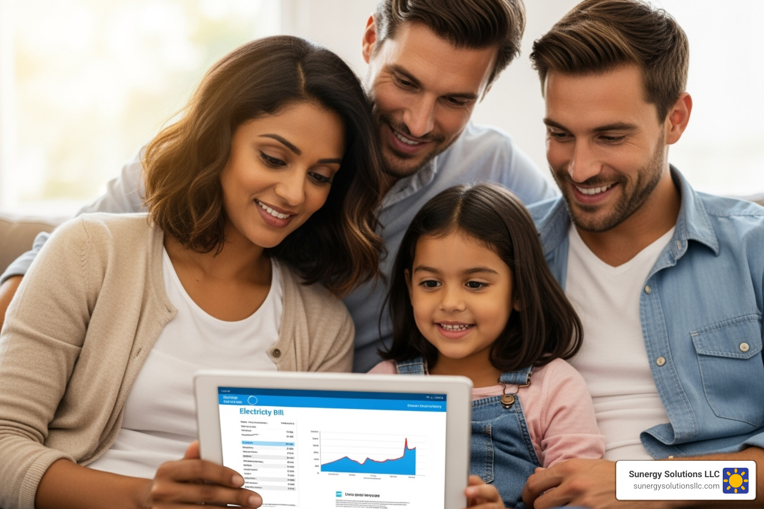 happy family looking at low electricity bill on tablet - solar return on investment