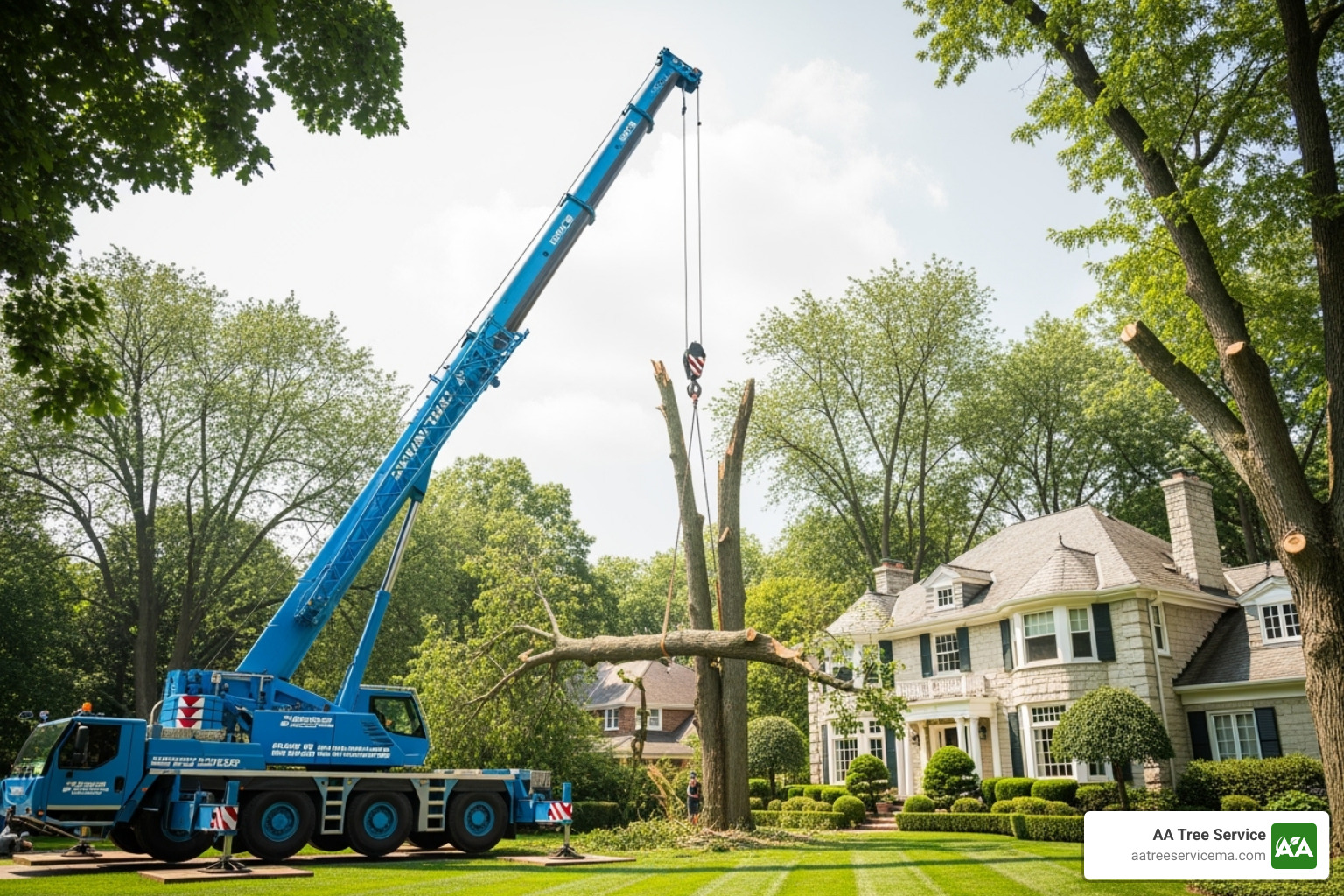 crane lifting large tree section away from house during emergency removal - Same day tree service NH