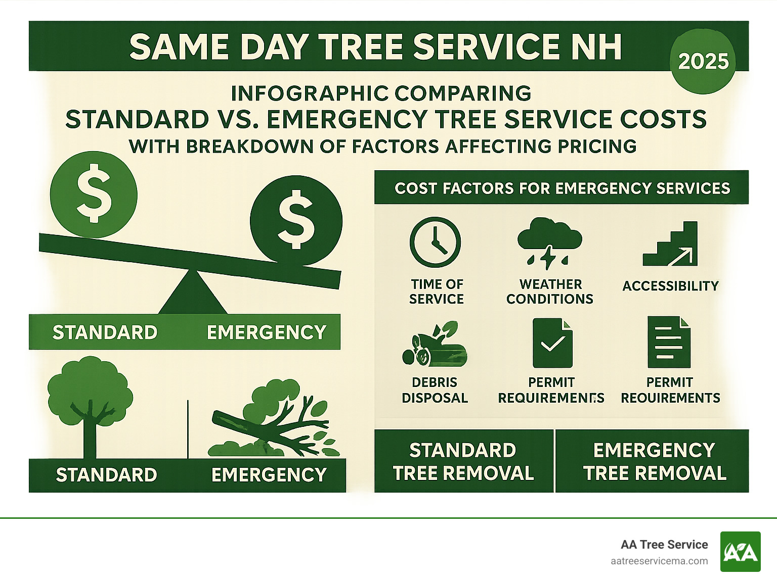 infographic comparing standard vs emergency tree service costs with breakdown of factors affecting pricing - Same day tree service NH infographic
