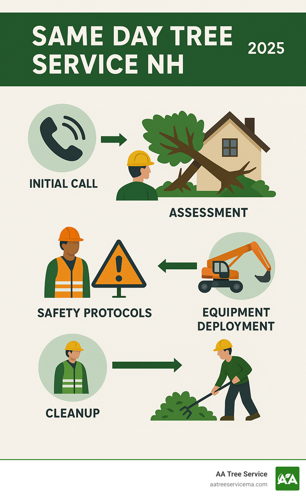 infographic showing emergency tree service response process from initial call to completion, including assessment, safety protocols, equipment deployment, and cleanup in New Hampshire - Same day tree service NH infographic