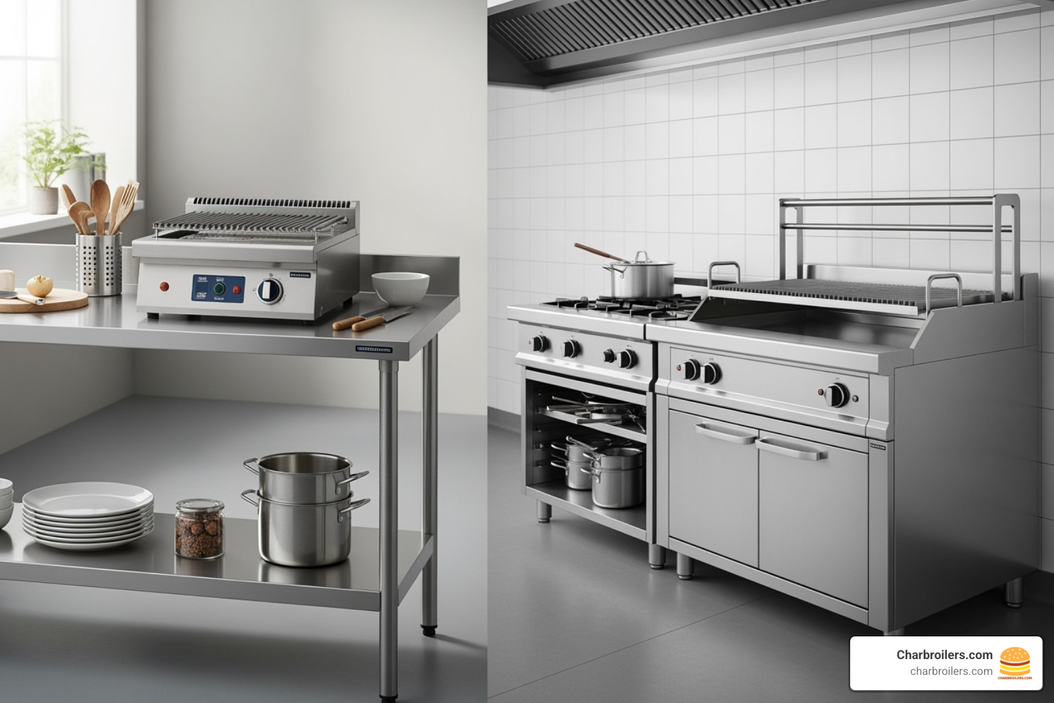 Side-by-side comparison showing a compact countertop charbroiler on a prep table next to a large freestanding charbroiler unit in a commercial kitchen - charbroiler