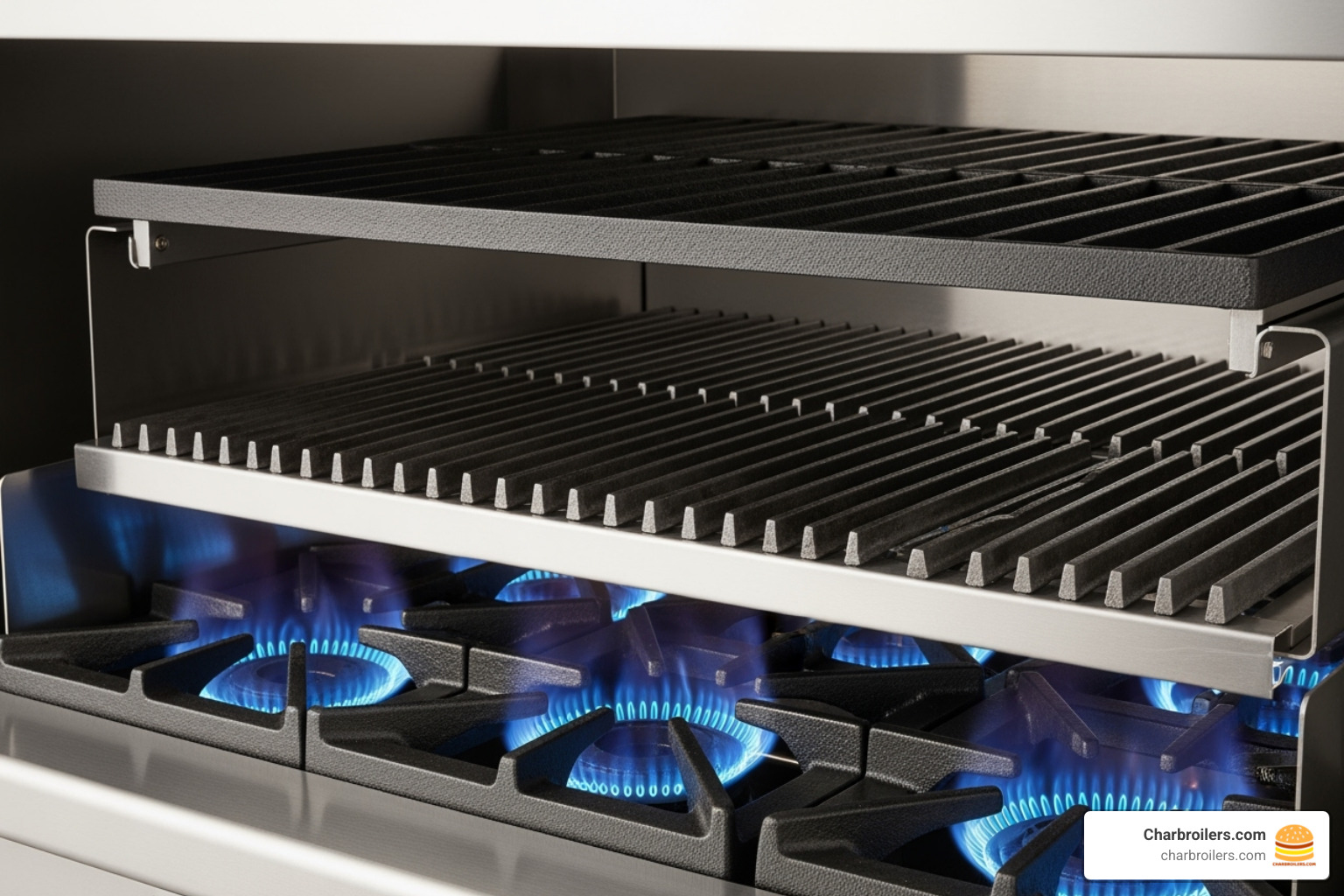 Internal components of a charbroiler showing labeled burners at bottom, metal radiants in middle, and cast iron grates on top - charbroiler