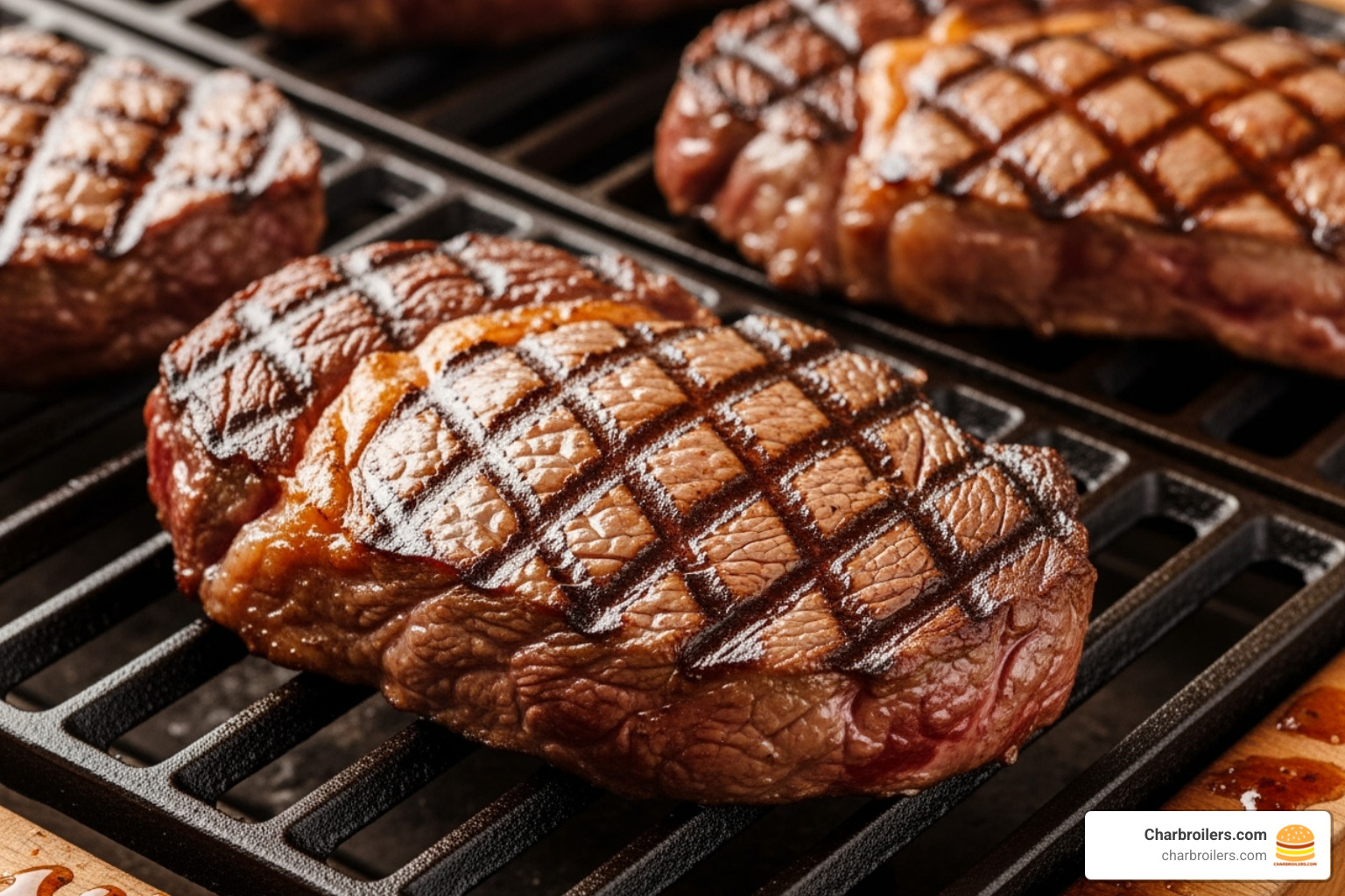 Perfectly seared steaks showing diamond-pattern grill marks from cast iron grates on a commercial charbroiler - charbroiler