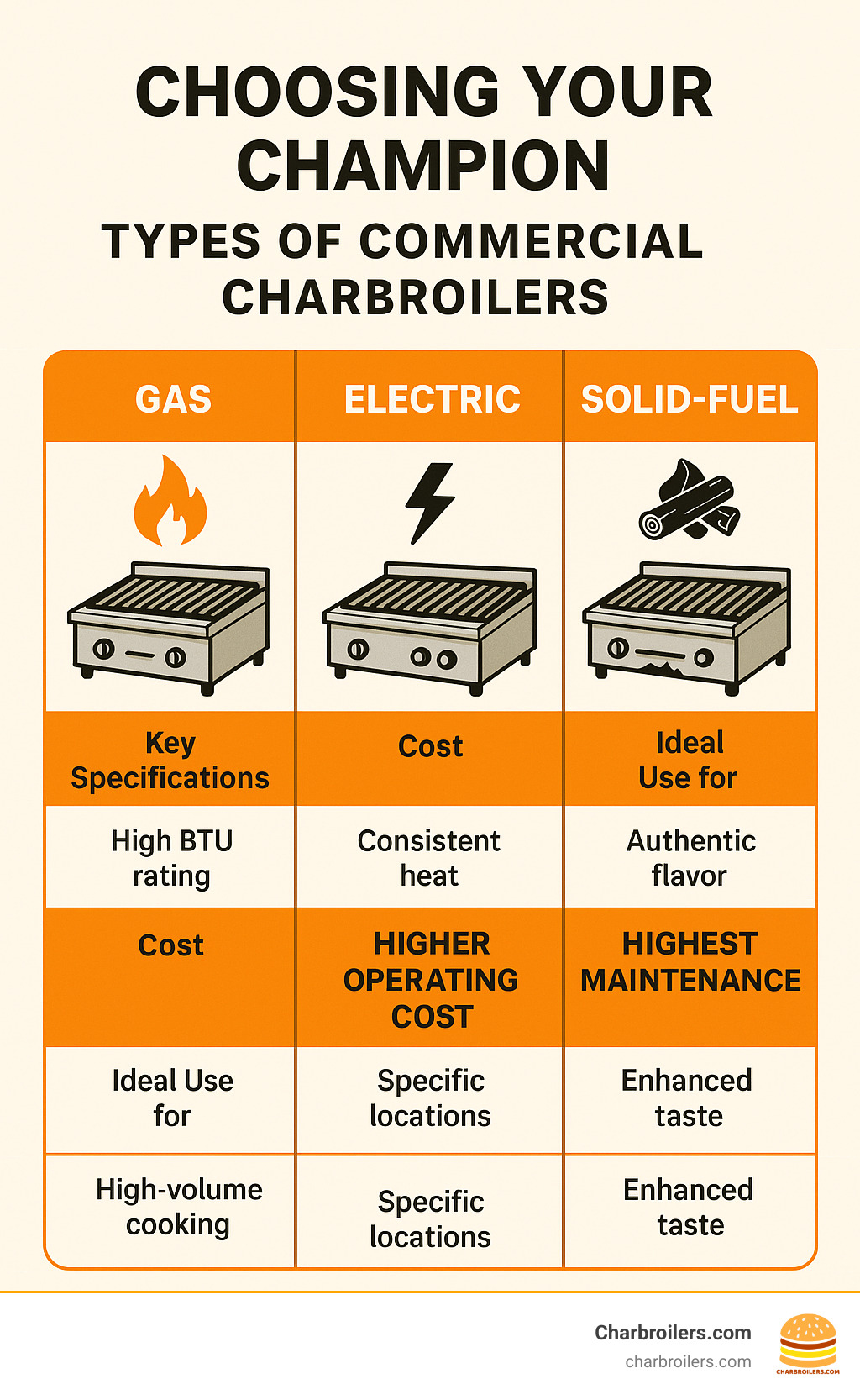 Comparison infographic showing three types of charbroilers side by side: Gas (with flame icon, high BTU rating, moderate cost), Electric (with electrical symbol, consistent heat, higher operating cost), and Solid-Fuel (with wood/charcoal icon, authentic flavor, highest maintenance), each with key specifications and ideal use cases - charbroiler infographic 