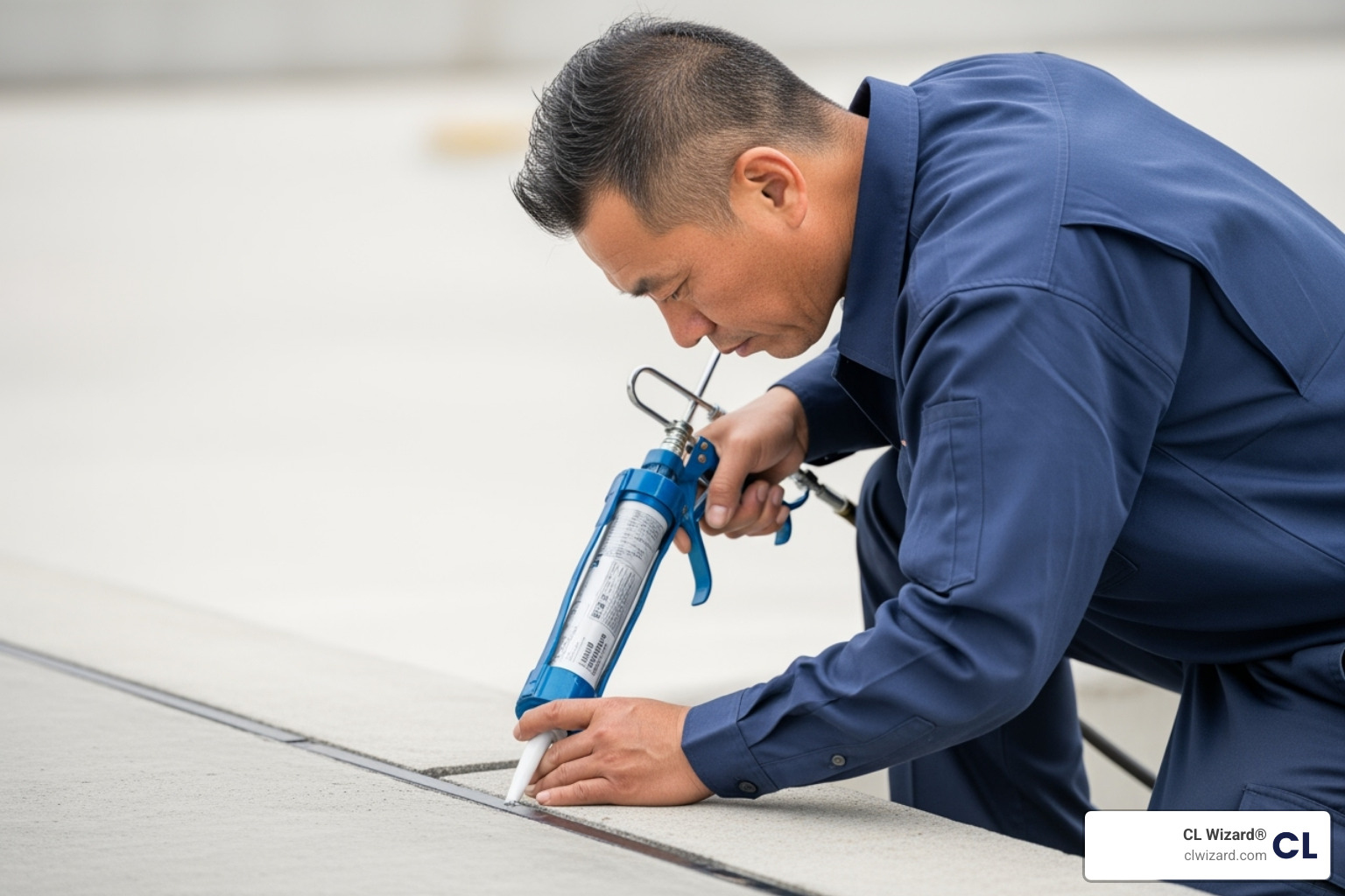 Uniformed CL Wizard technician professionally sealing an expansion joint - expansion joint repair specialists