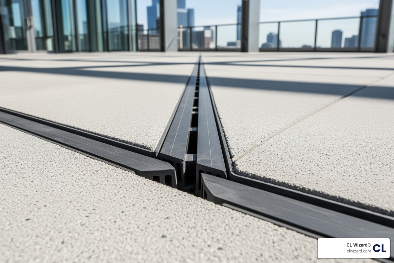Clean, well-maintained expansion joint on a modern building's plaza deck - expansion joint repair specialists