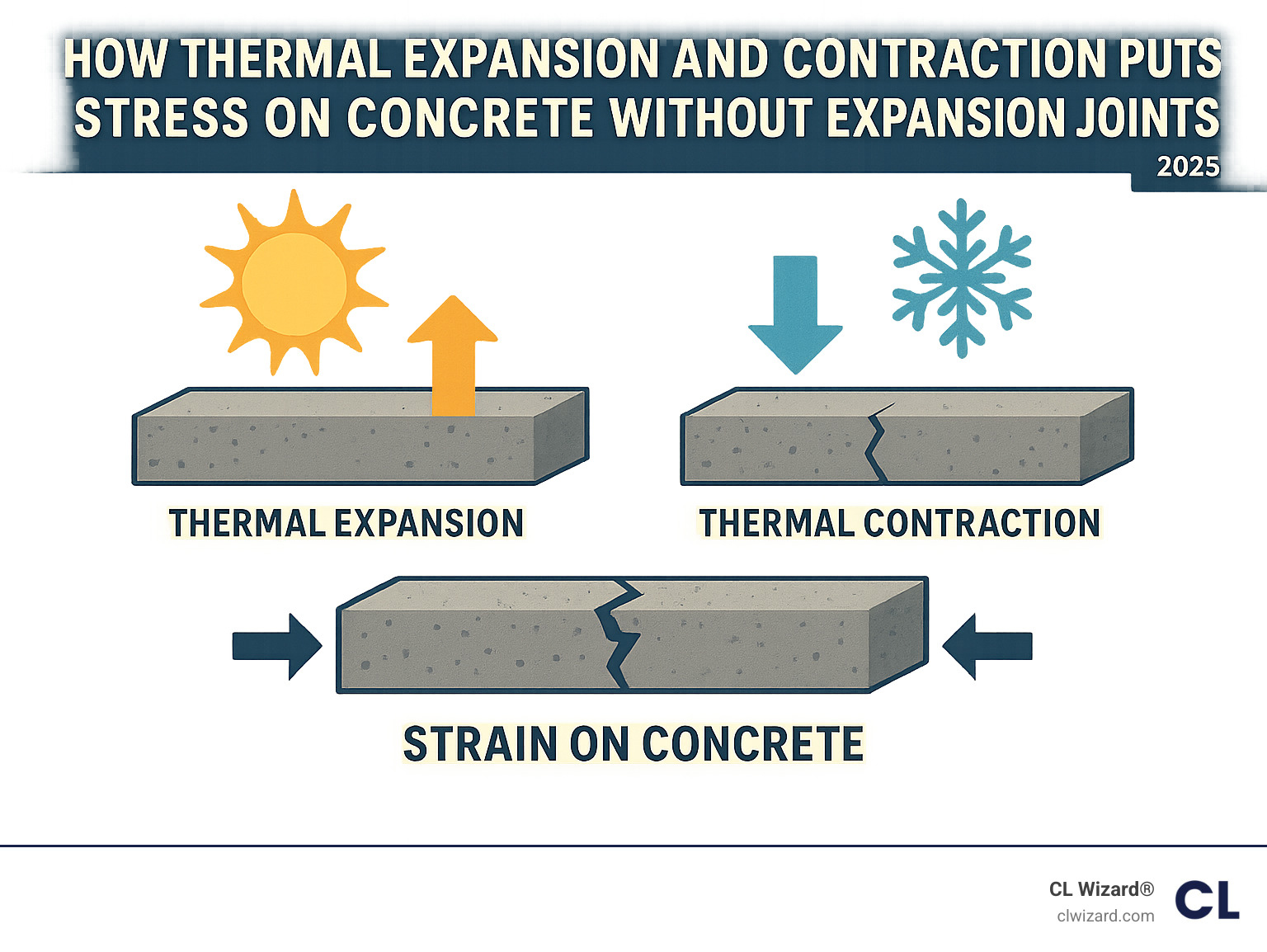 Infographic explaining how thermal expansion and contraction puts stress on concrete without expansion joints - expansion joint repair specialists infographic 