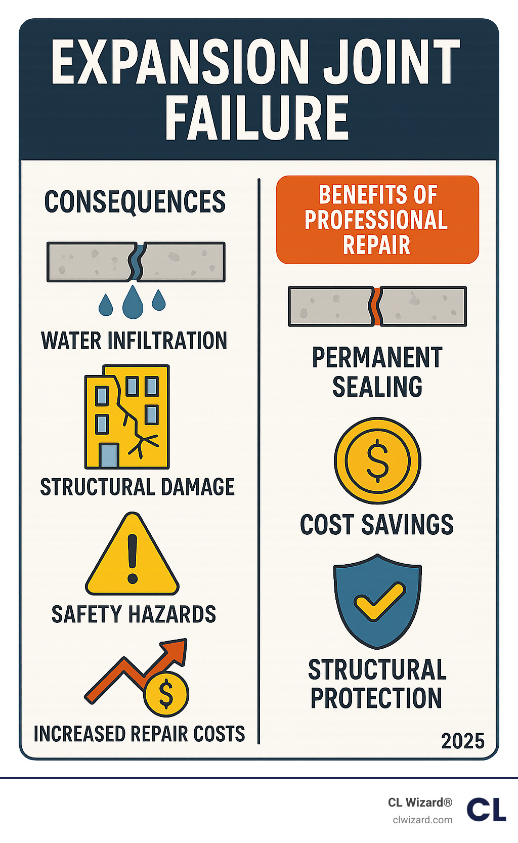 Infographic showing the consequences of expansion joint failure including water infiltration, structural damage, safety hazards, and increased repair costs, alongside the benefits of professional repair including permanent sealing, cost savings, and structural protection - expansion joint repair specialists infographic 
