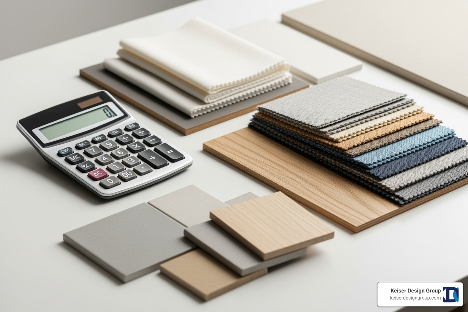 calculator and material samples on a desk - custom home architects