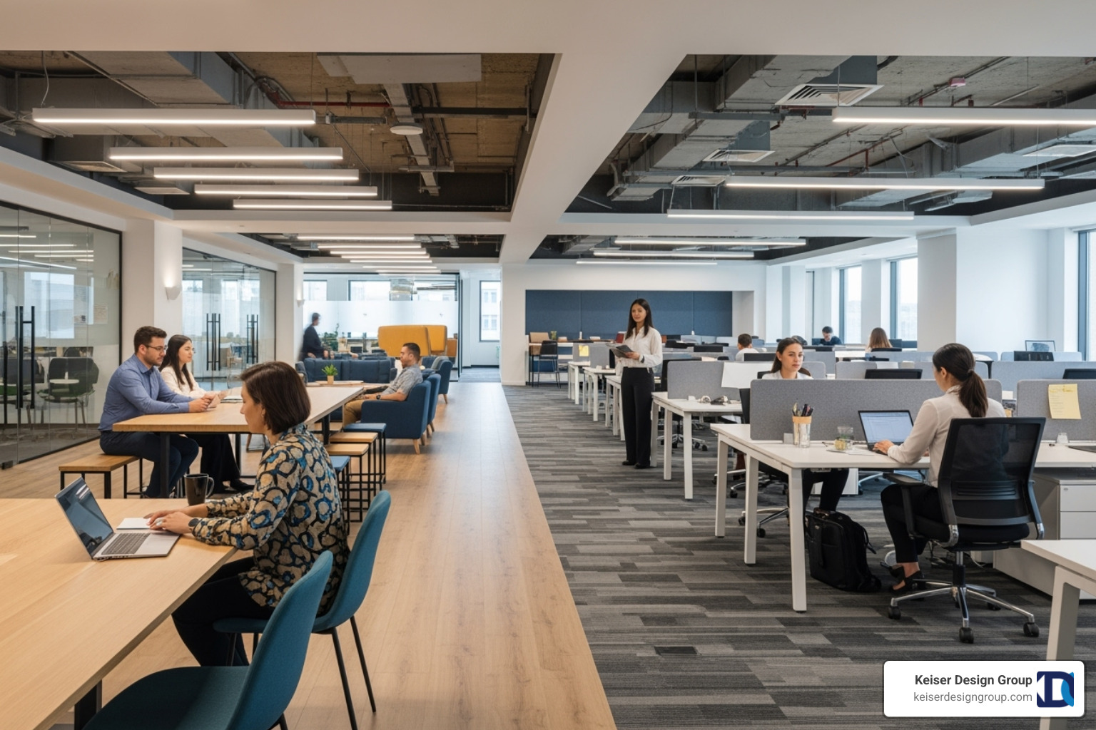 well-lit, open-plan office interior with distinct zones for collaboration and focused work - commercial building design