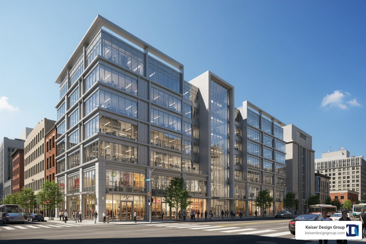mixed-use development showcasing retail on the ground floor and offices above - commercial building design