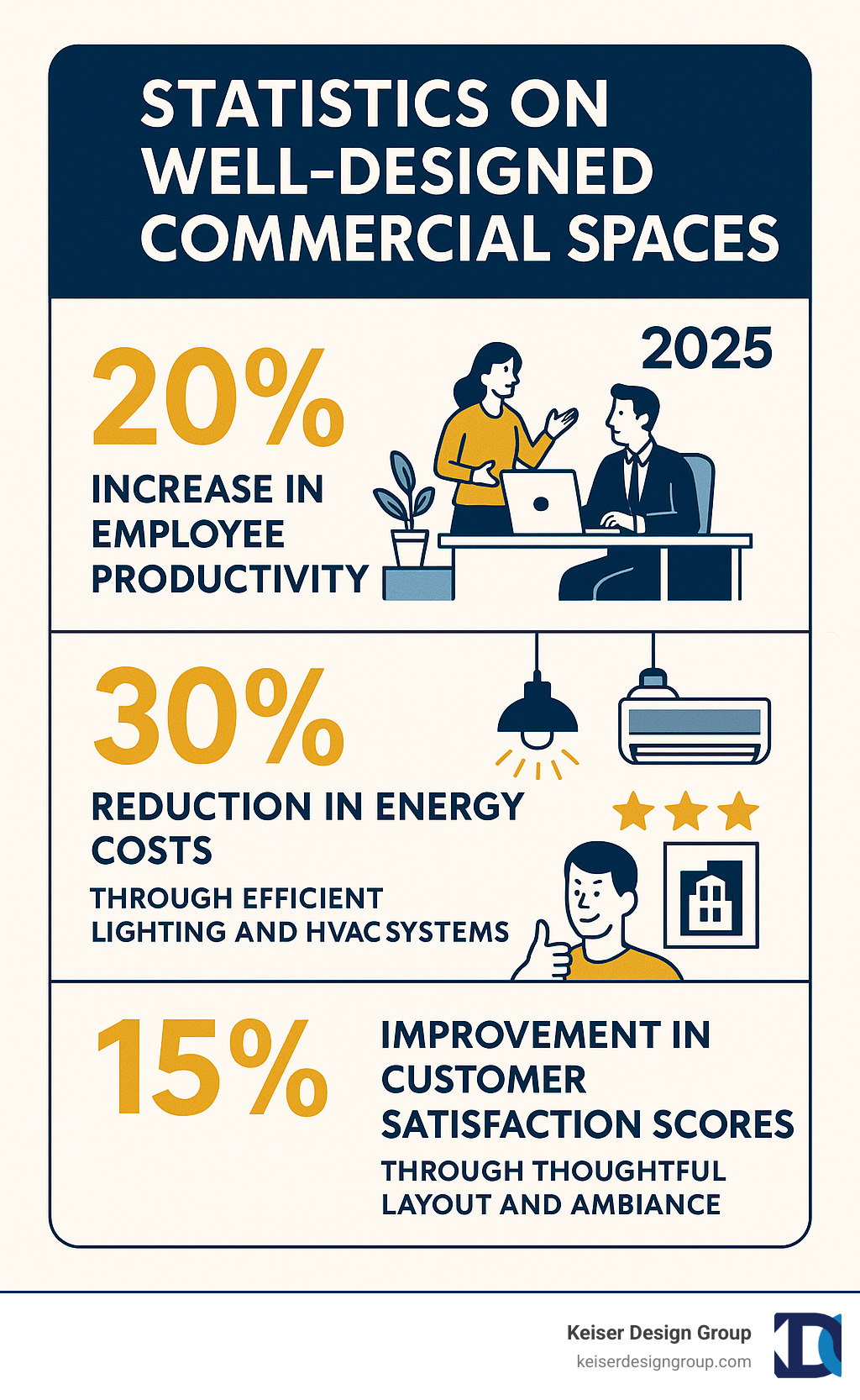 Statistics showing that well-designed commercial spaces can increase employee productivity by up to 20%, reduce energy costs by 30% through efficient lighting and HVAC systems, and improve customer satisfaction scores by 15% through thoughtful layout and ambiance - commercial building design infographic 