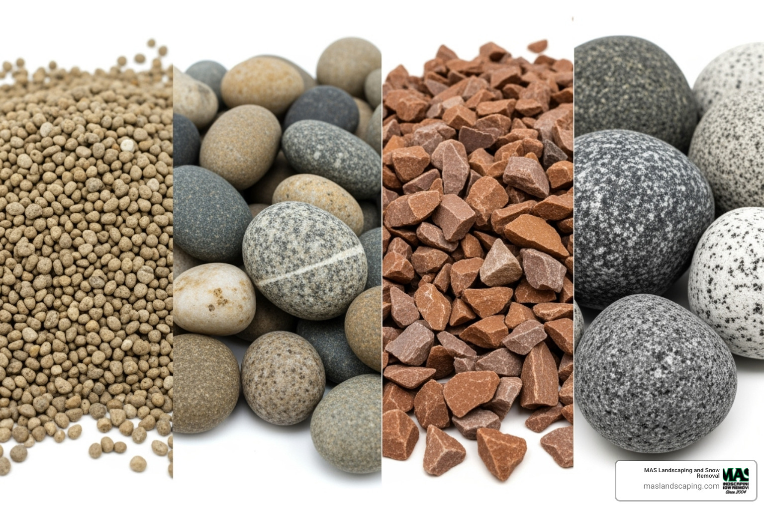 Different types of landscaping stones displayed side-by-side including pea gravel, river rock, crushed stone, and decorative boulders with clear labels - stone delivery