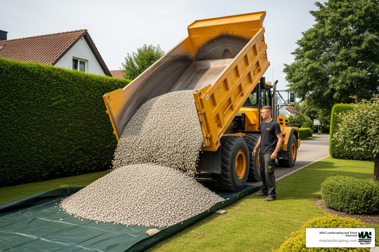 Dump truck carefully unloading gravel onto a protective tarp in a residential driveway with operator monitoring the process - stone delivery