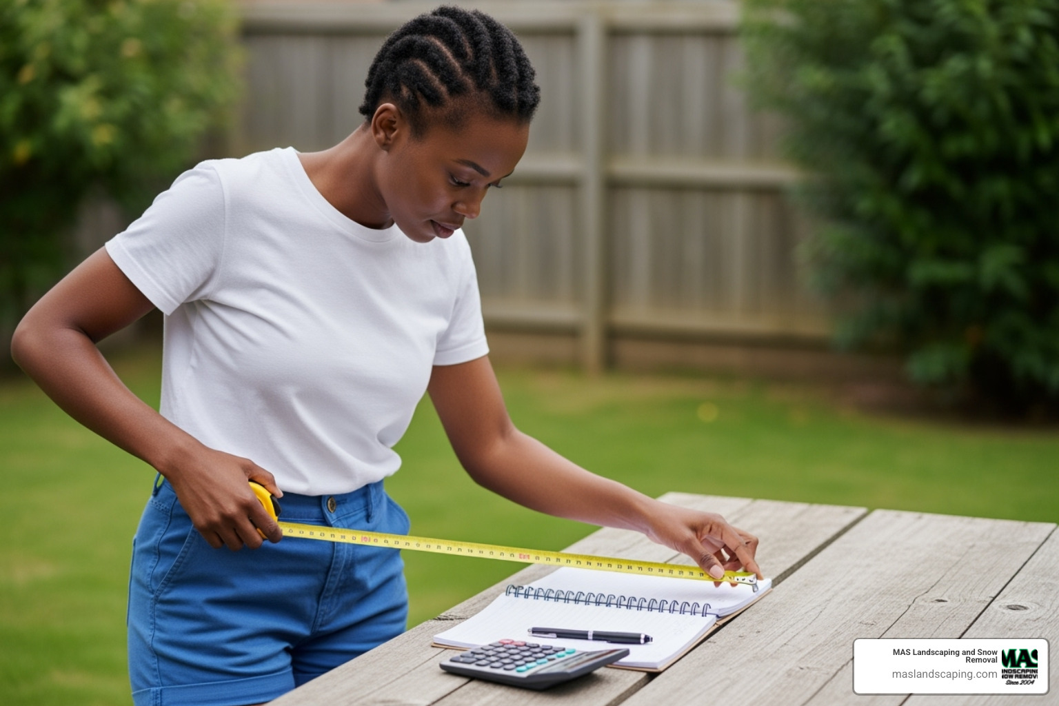 Person using measuring tape in their yard to calculate area for stone installation, with notebook and calculator nearby - stone delivery