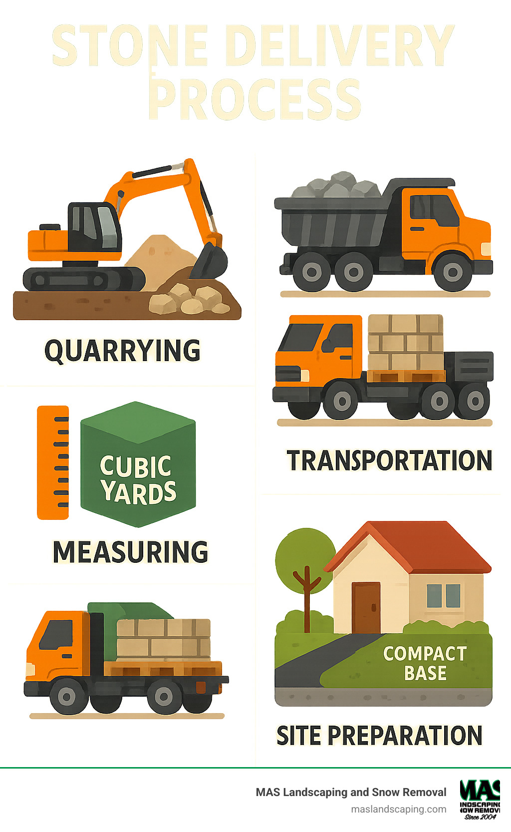 Infographic showing the complete stone delivery process from quarry extraction through transportation to final delivery at residential property, including truck types, material measurements, and site preparation requirements - stone delivery infographic 