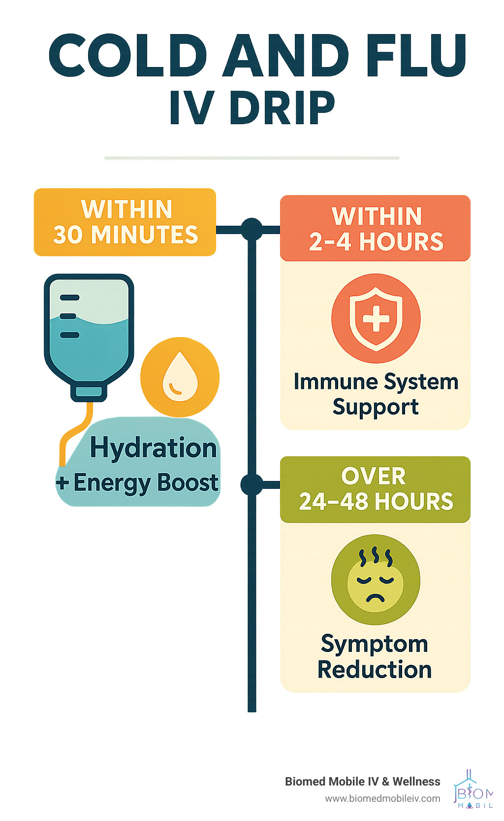 Comprehensive infographic showing the timeline of cold and flu IV drip benefits: immediate hydration and energy boost within 30 minutes, immune system support within 2-4 hours, and symptom reduction over 24-48 hours, with icons representing each benefit phase - cold and flu iv drip infographic 