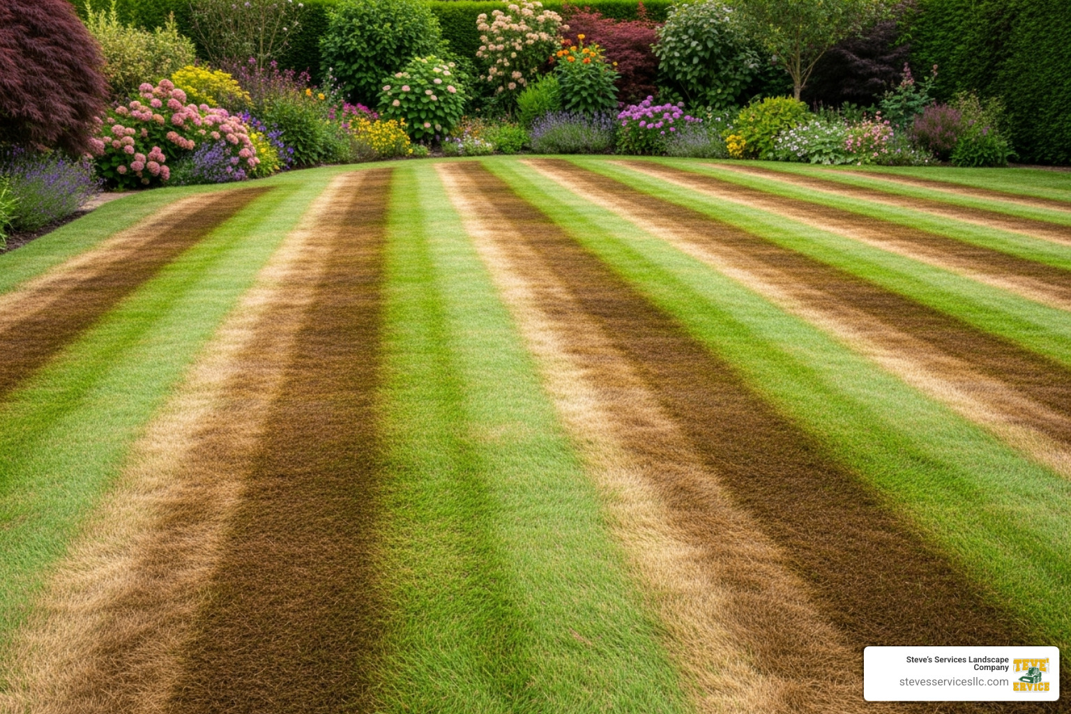 Lawn showing fertilizer burn stripes from improper application - fall lawn fertilizer