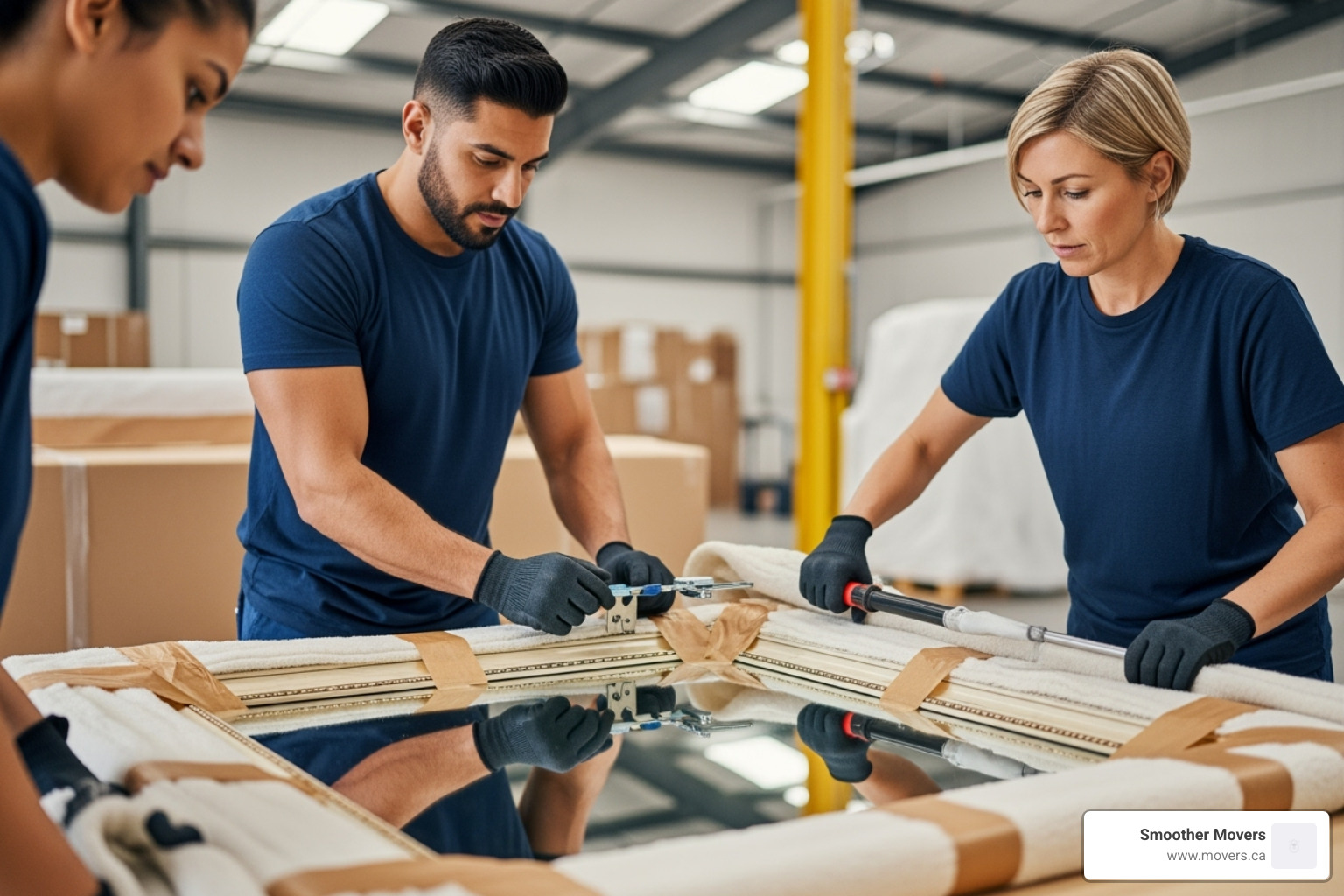 professional movers carefully wrapping a large mirror in a moving blanket - kelowna movers
