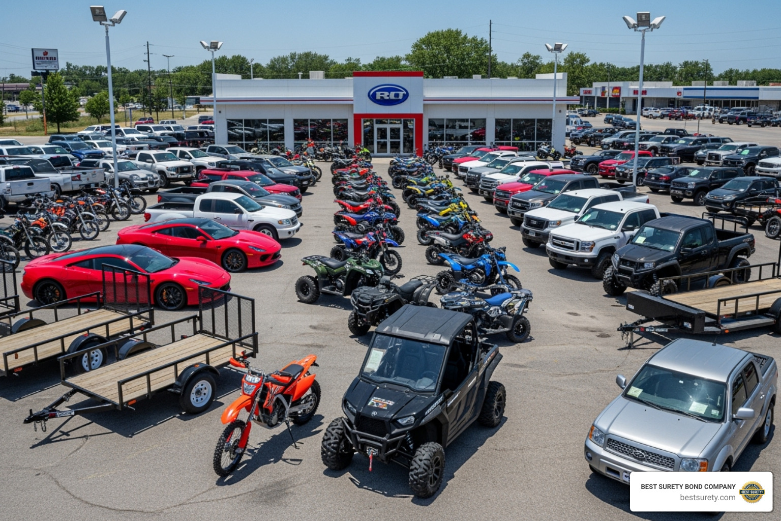 Various vehicles including cars, powersports vehicles, and small trailers displayed at a dealership lot - colorado auto dealer bond
