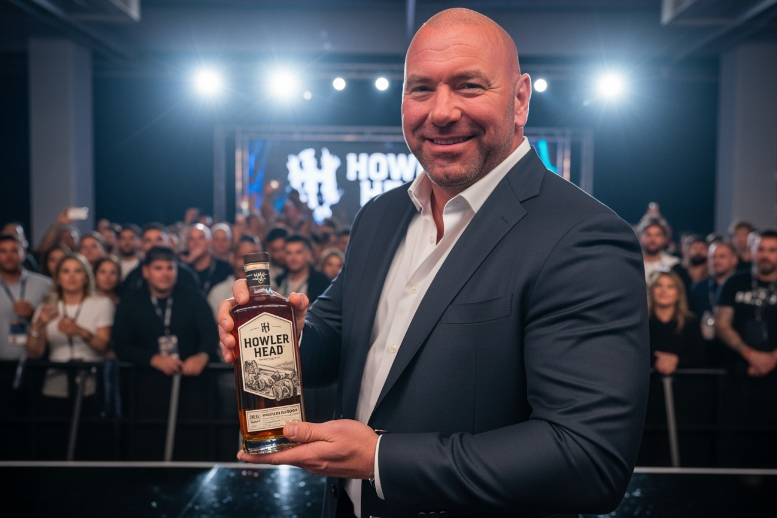 Dana White holding a Howler Head whiskey bottle at a promotional event - dana white net worth
