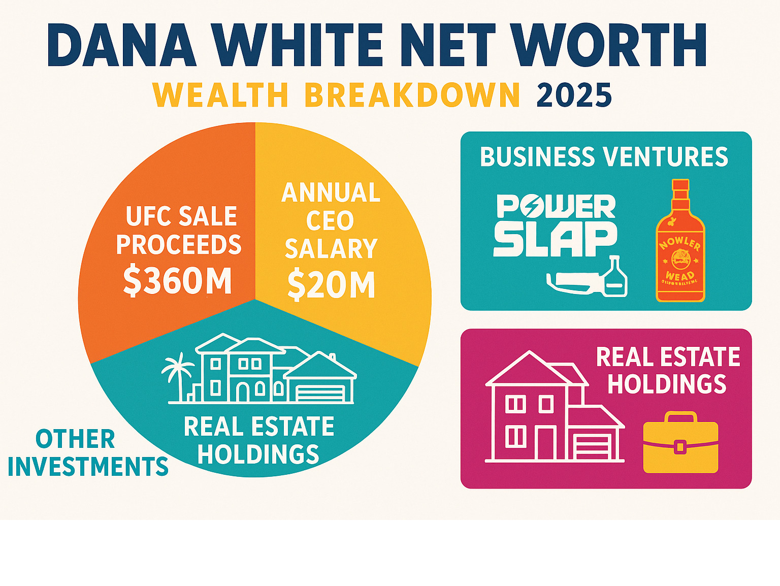 Infographic showing Dana White's wealth breakdown: UFC Sale proceeds ($360M - largest portion), Annual CEO Salary ($20M yearly), Business Ventures (Power Slap League, Howler Head Whiskey partnerships), Real Estate Holdings (Las Vegas mansion compound), and Other Investments - dana white net worth infographic 