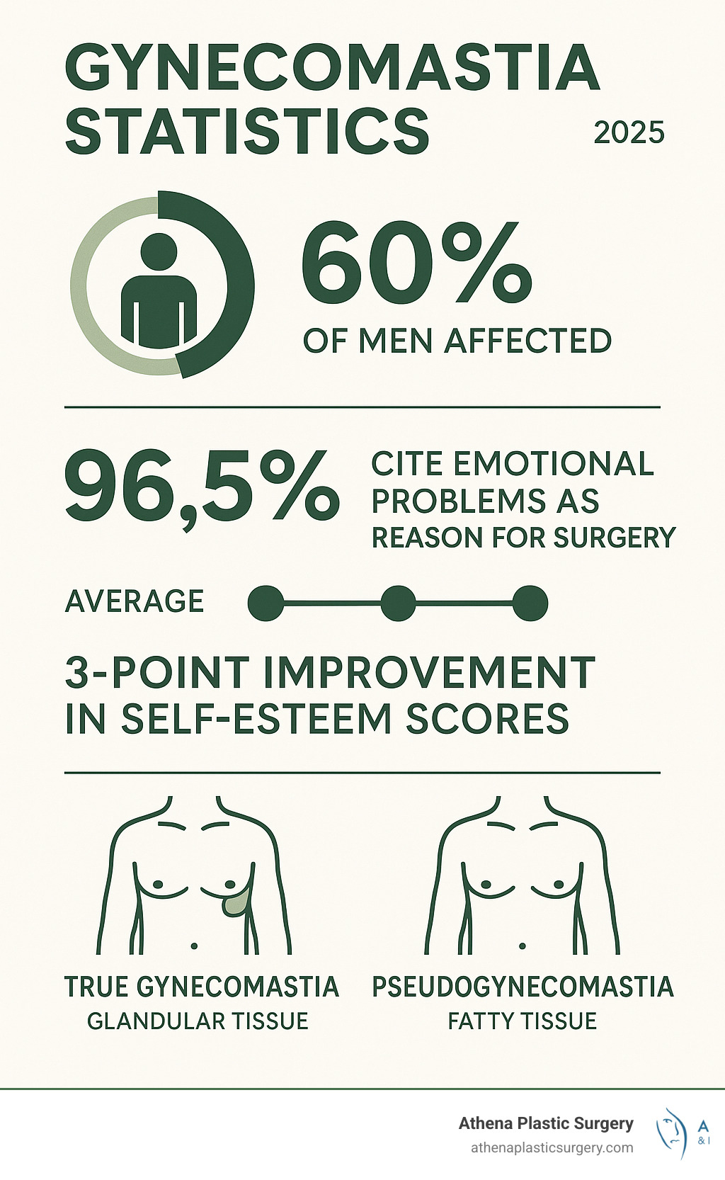 Infographic showing gynecomastia statistics: 60% of men affected, 96.5% cite emotional problems as reason for surgery, average 3-point improvement in self-esteem scores, and comparison between true gynecomastia (glandular tissue) versus pseudogynecomastia (fatty tissue) - male breast reduction reviews infographic 