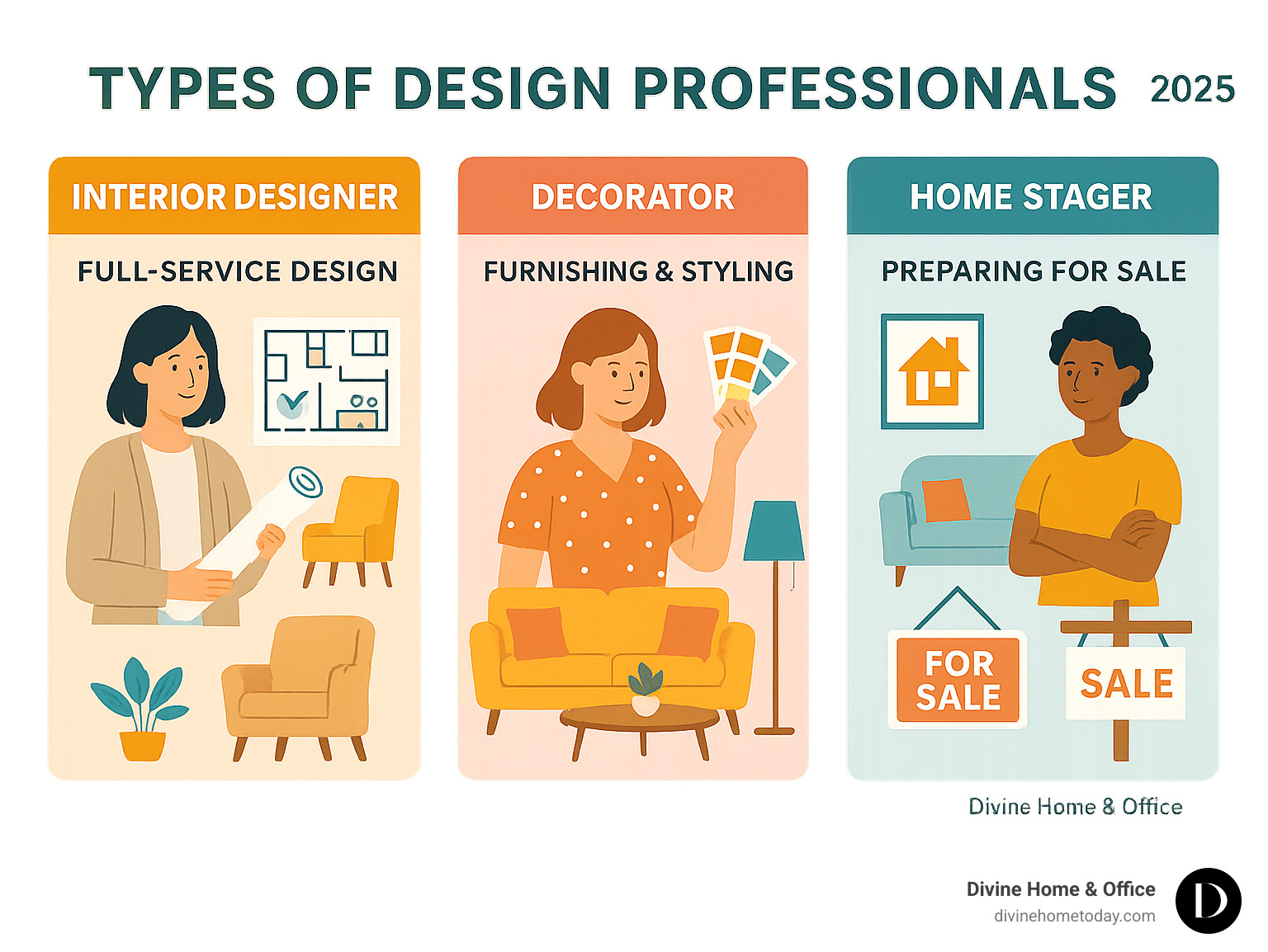 Infographic showing the key differences between interior designers who focus on full-service design and space planning, decorators who emphasize furnishing and styling, and home stagers who prepare properties for sale by creating broad market appeal - Englewood interior designers infographic 