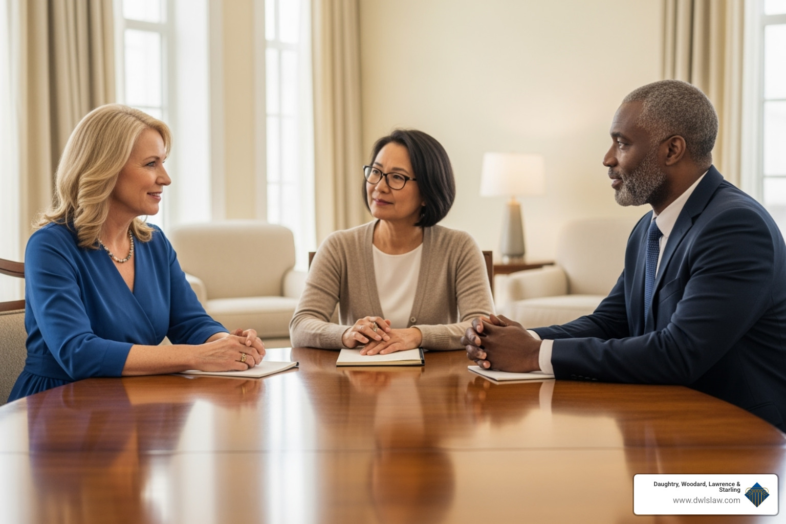 Two parents and a neutral third party sitting at a table in a calm mediation setting - Child custody dispute attorney