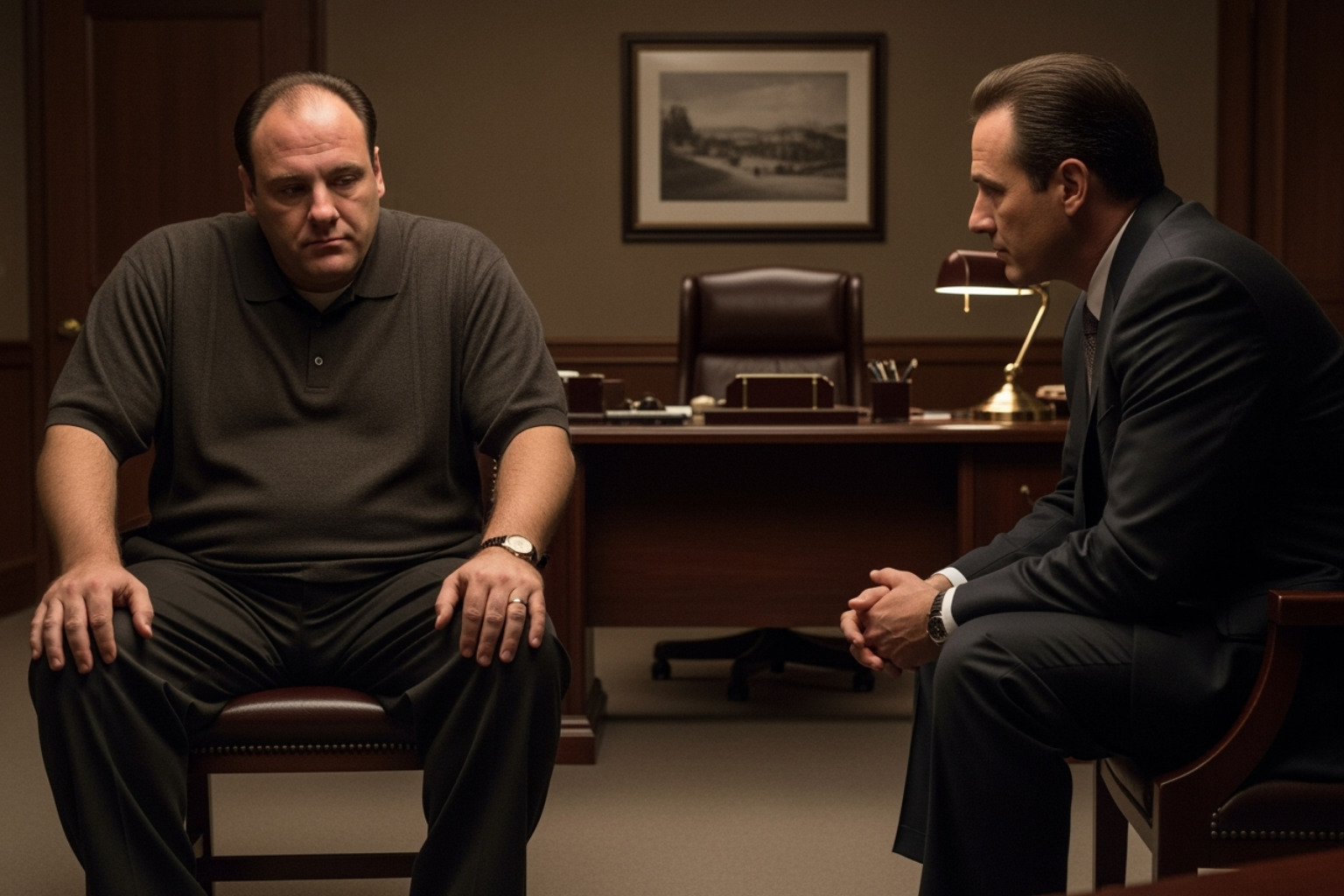 James Gandolfini as Tony Soprano in his iconic therapy session pose, sitting across from Dr. Melfi - James Gandolfini