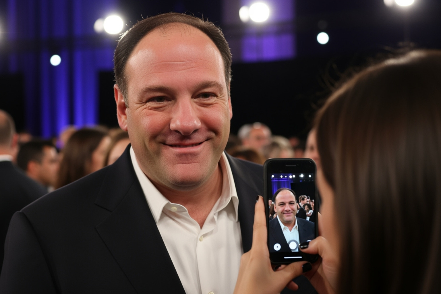 James Gandolfini smiling warmly at a public event, showing his gentle nature off-screen - James Gandolfini
