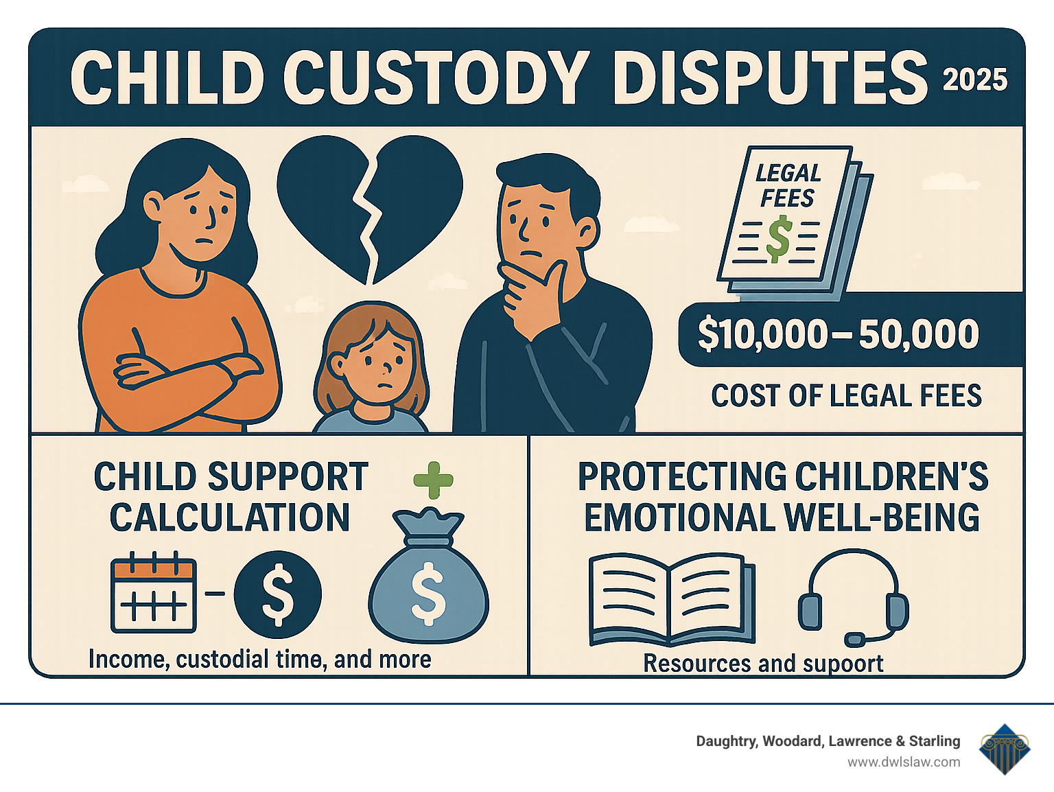 Infographic showing the financial and emotional costs of custody disputes, including legal fees ranging from $10,000-$50,000, child support calculation factors, and resources for protecting children's emotional well-being - Child custody dispute attorney infographic 